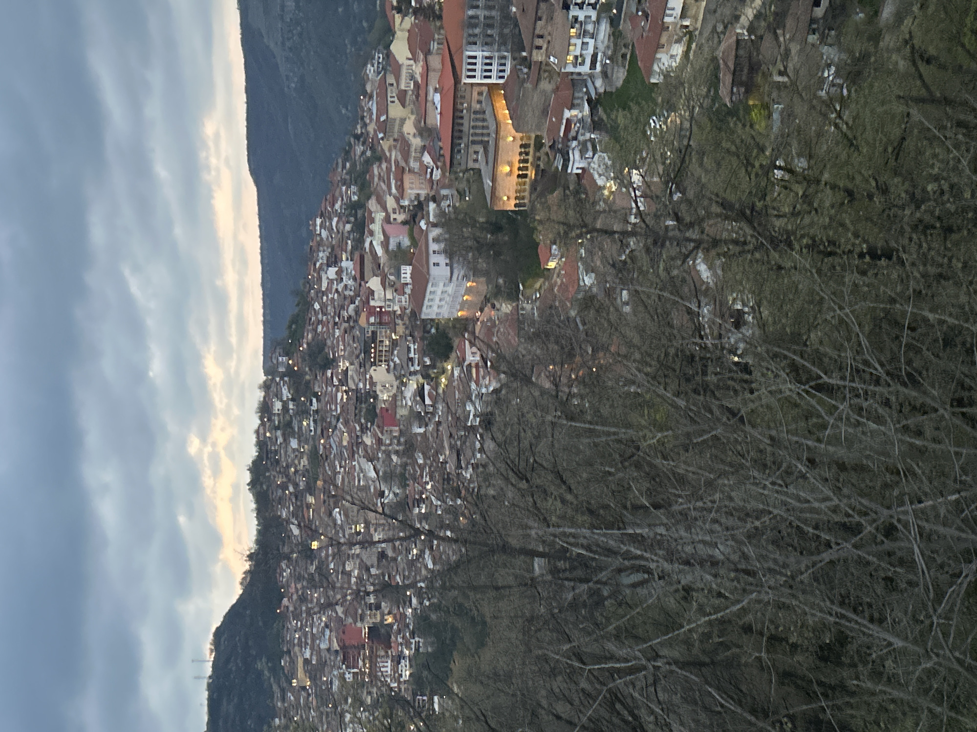 The image shows a densely populated hillside city, likely Veliko Tarnovo, Bulgaria, given the architectural style. The city is situated on a steep incline, with buildings tightly packed together, featuring a mix of red-tiled roofs and white walls. A prominent mountain ridge runs along the left side of the frame. The sky is overcast with varying shades of gray clouds. Bare trees occupy the lower right foreground. Streetlights are visible, indicating twilight. No people are clearly identifiable.