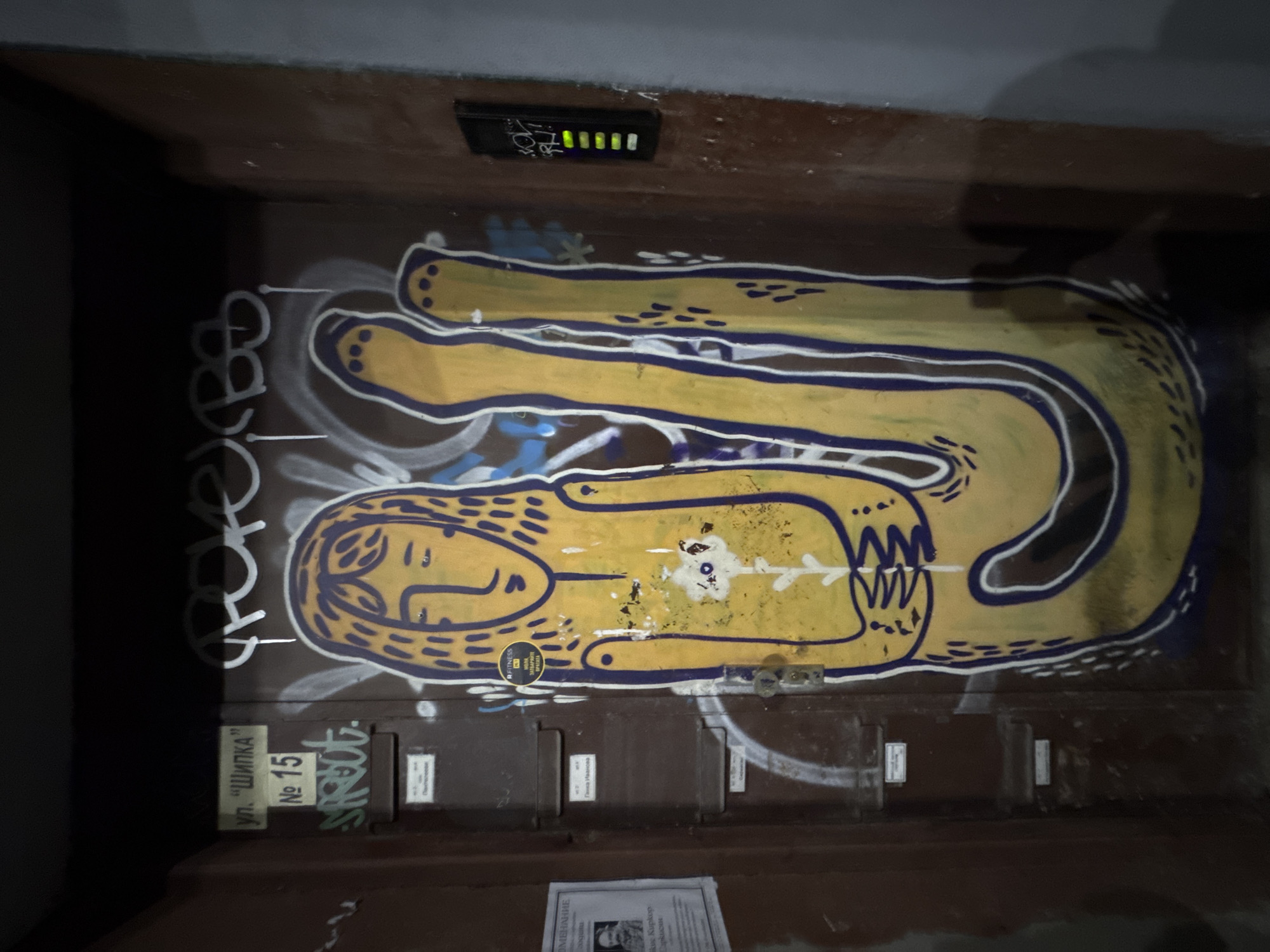 The image displays a dimly lit indoor space, likely a hallway or building entrance in Varna, Bulgaria, characterized by a large, colorful graffiti artwork on a dark brown wall.
The central subject is a stylized, human-like figure spray-painted in a vibrant yellow with dark blue outlines and white highlights, resembling a relaxed, elongated person lying horizontally. The figure has an abstract, peaceful face with closed eyes and flowing hair. A circular sticker for "B. FITNESS" is visible on the figure's chest area.
Above the graffiti, a small black electronic device with five glowing green bars is mounted on the wall. Below this device, some white graffiti lettering is partially visible, appearing to spell "DOOR BUTT" or similar.
To the left of the main artwork, on a white sticker, Bulgarian text reads "ул. "Шипка" No 15" (Shipka Street No 15), identifying a specific address. Below this, "SKEET" is written in white graffiti. Further down, several small white labels or nameplates are affixed to the wall; one clearly shows "Галя Накова" (Galya Nakova) and another possibly "Стойнов". At the very bottom, a white flyer with the word "ВНИМАНИЕ" (ATTENTION) and a photograph of a man is partially visible.
The overall scene suggests an urban, somewhat clandestine environment, common for street art. The dim lighting implies the photo was taken at night or in a poorly lit interior.