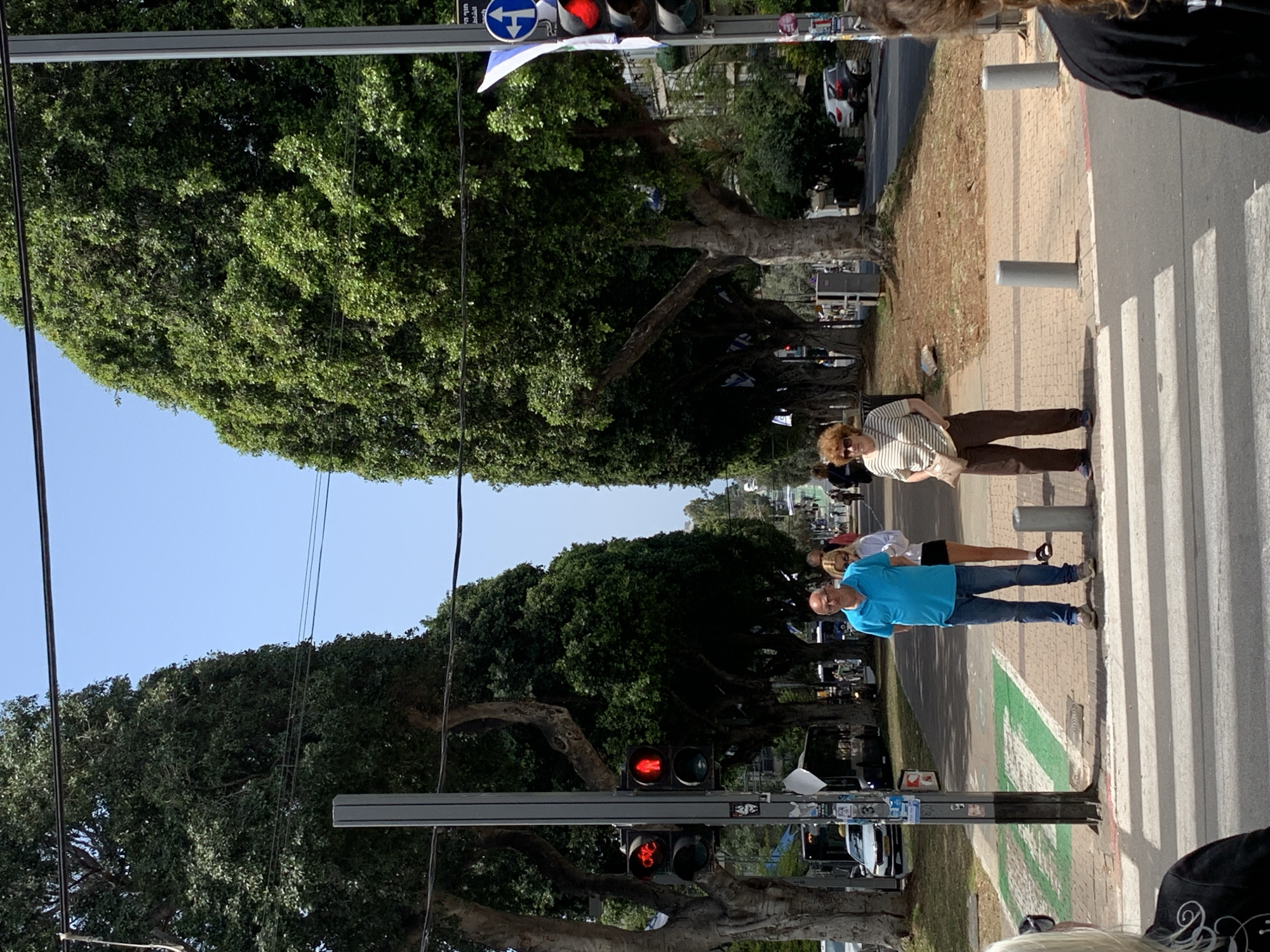 The image depicts a street scene in Tel Aviv, Israel. The photo is taken from a pedestrian's perspective, possibly at a crosswalk. Two individuals are visible: a man in a blue shirt and jeans, and an older woman with a striped shirt and brown pants. They are standing on a crosswalk with white stripes.
Traffic lights are visible, showing red lights for vehicular traffic. The street is lined with mature trees that provide shade. Cars are parked along the street. There are bollards on the sidewalk. The sky is clear and blue. A sign with a blue directional arrow is visible on top of a traffic light.
