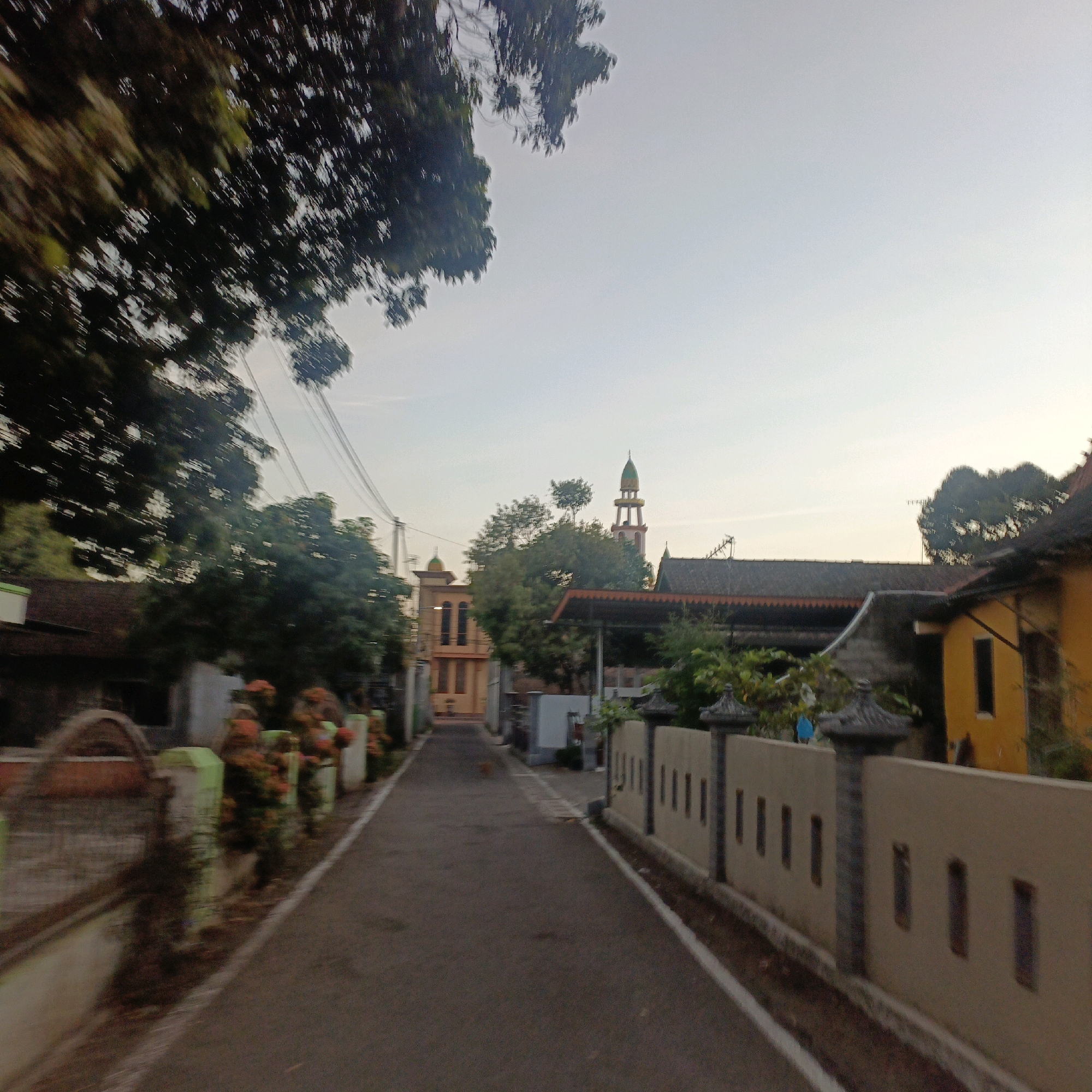 The image shows a narrow, paved street in what appears to be a residential area of Salatiga, Indonesia. On the left side of the street, there are houses with fences and lush green trees. Some of the houses have orange flowers planted along their borders. On the right side of the street, a light brown wall with rectangular openings runs along the property line. Beyond the wall, a yellow building with a dark roof is visible. In the distance, a mosque with a tall, slender minaret topped with a green dome can be seen. The sky is overcast and appears to be either early morning or late afternoon, casting a soft light on the scene. Power lines stretch across the sky in the upper portion of the image, with trees obscuring some of them. The perspective suggests the photo was taken from a moving vehicle.