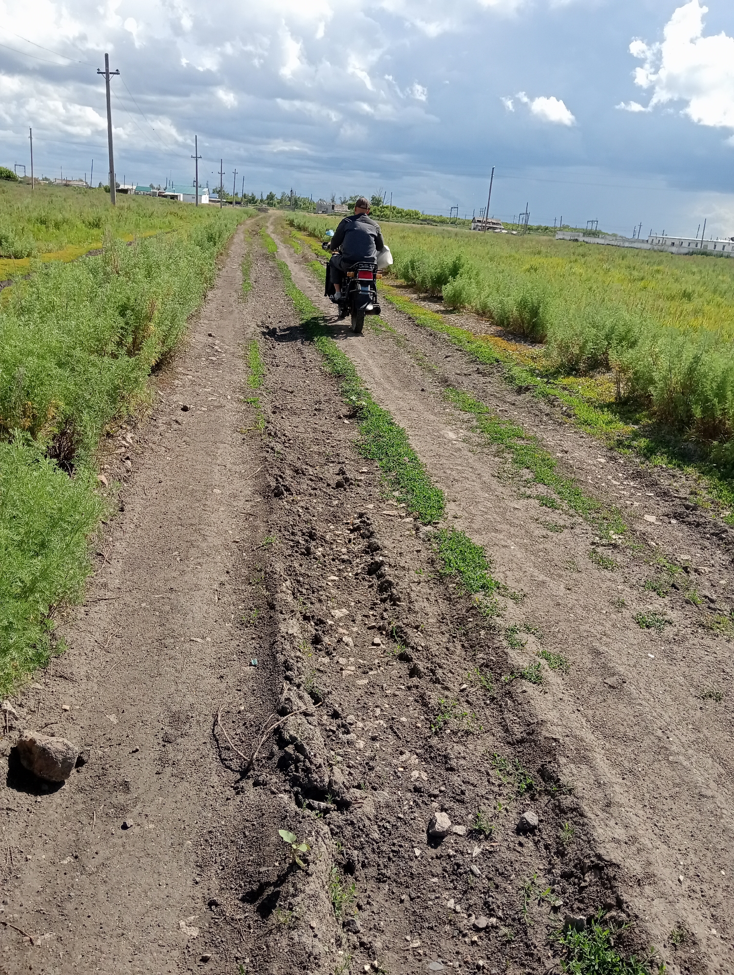 The image shows a person riding a motorcycle down a dirt road. The road is surrounded by tall green grass and vegetation. In the background, there are a few buildings and utility poles, suggesting a rural or semi-rural setting. The sky is cloudy, with some patches of blue. The road itself appears to be somewhat rough, with visible tire tracks and some areas of exposed dirt and rocks. The motorcycle is black, and the rider is wearing a dark jacket and helmet. The scene is shot from a low angle, looking forward from behind the motorcycle.