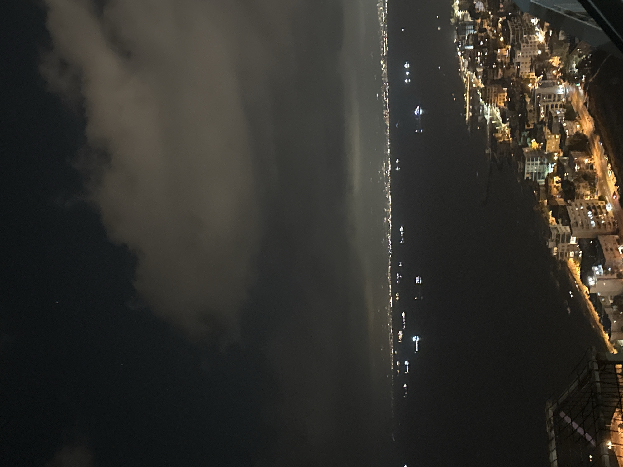 A high-angle, long shot captures a nighttime panoramic view of a coastal city, likely Haifa, Israel, from a high vantage point. The scene is dominated by a dark, expansive body of water in the foreground, reflecting the faint glow of lights from the distant city. The city itself is a sprawling network of buildings, their windows illuminated with warm yellow and orange lights, creating a sparkling effect against the dark landscape. Several ships and boats, marked by their bright lights, are scattered across the water, indicating maritime activity. Above the city, a thick layer of dark, cloudy sky obscures most of the stars, with only a few faint pinpricks of light visible through the celestial blanket. The overall impression is one of a bustling city at night, with the vastness of the sea and the brooding sky providing a dramatic backdrop.