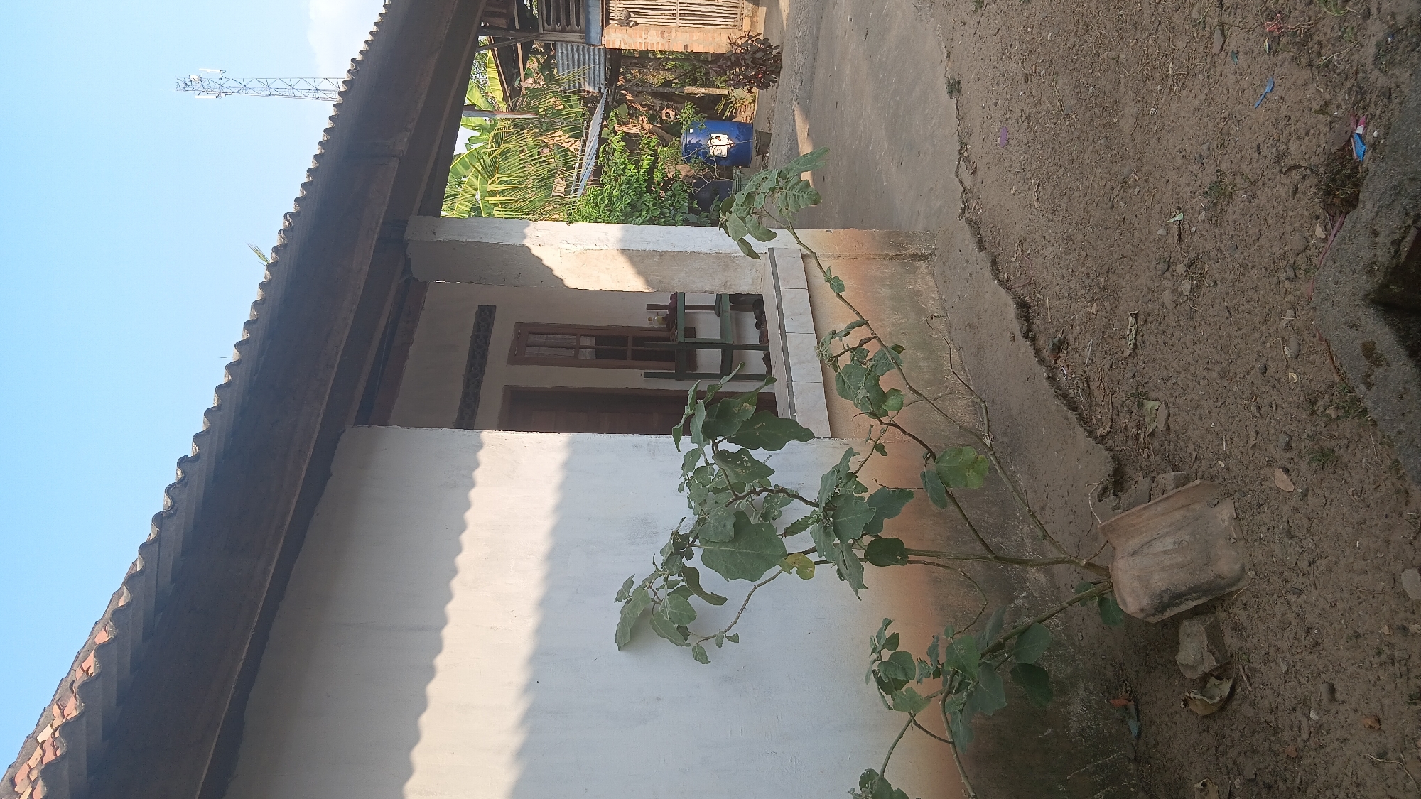 The image depicts an outdoor scene in Prabumulih, Indonesia. The foreground features a dirt ground with some scattered debris and a small plant in a broken pot. To the left, a white wall of a building is visible, with a shadowed area indicating an overhang. A plant with green leaves and thin branches is positioned in front of the wall. Moving towards the right, a covered porch area of the building is shown. A window with wooden panes is visible on the wall of the building, and a green shelf unit with some items is placed on the porch. Beyond the porch, a concrete pathway leads further into the scene. In the background, there is lush green vegetation, a blue barrel, and a rustic structure with a corrugated metal roof. A tall metal tower, likely a telecommunications tower, is visible in the far distance against a clear blue sky. The overall impression is that of a residential or semi-rural setting.