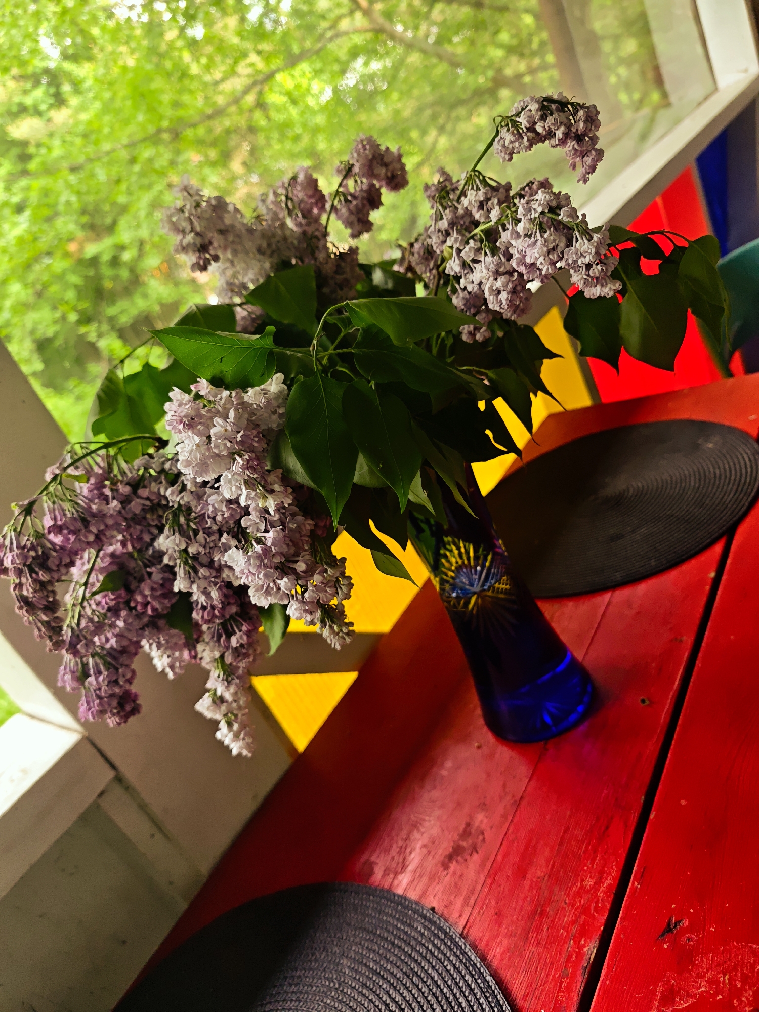 A close-up shot captures a bouquet of lilacs in a blue glass vase, placed on a vibrant red wooden table. Two black placemats are also on the table. Behind the arrangement, a window provides a view of lush green trees. The window frame is white, and panels of yellow and red add colorful accents. The image is taken indoors.