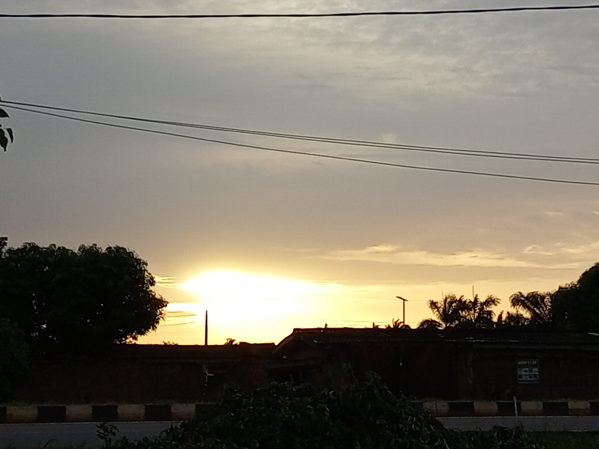 An outdoor, eye-level, medium shot captures a twilight sky over a silhouetted landscape of buildings and trees. The sky is a gradient of soft grays and oranges, with the sun as a bright, hazy disc near the horizon. Power lines are visible against the sky. In the foreground, silhouetted trees and a dark, dense bush partially obscure a road marked with alternating black and white blocks. Behind the vegetation, a low, dark-colored wall or building runs across the midground. Further back, the roofs of several buildings are visible, some with peaked structures and others appearing flat. A tall, thin pole stands to the left of the image center, and a lamppost is visible to the right of center, above the buildings. Silhouetted palm trees and other vegetation are scattered among the buildings. The overall impression is a quiet, dusk scene in a semi-urban or rural setting.