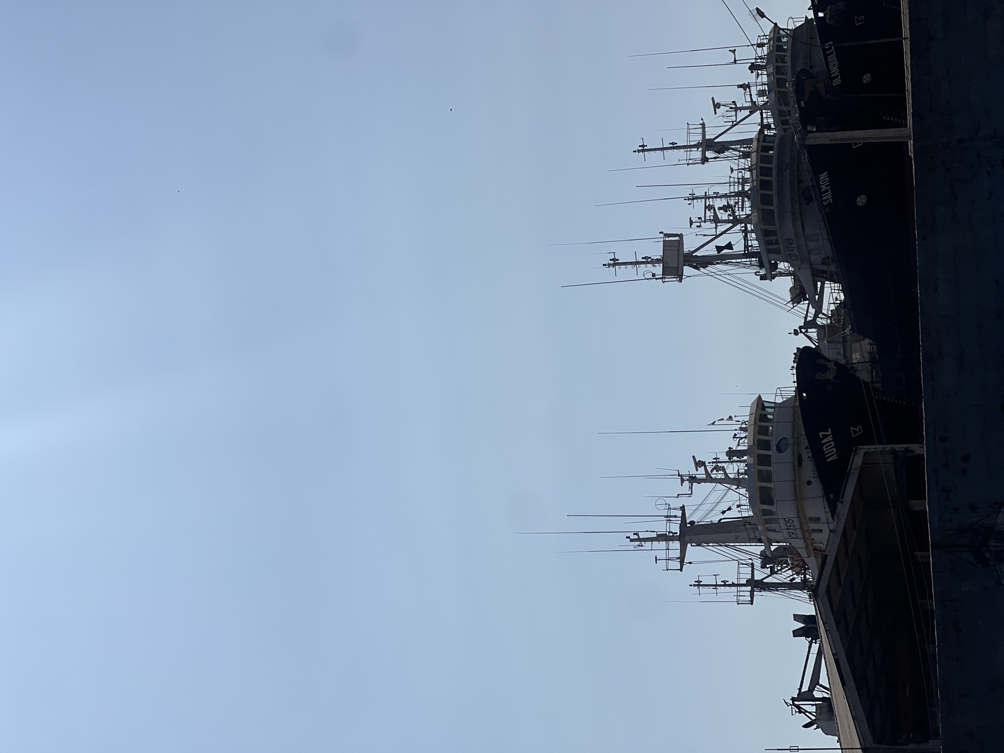 The image depicts several fishing boats moored at a dock in Arica, Chile, under a clear, bright sky. The vessels are positioned closely together, their masts and antennas creating a complex network against the sky. The names of some of the boats, such as "Salmon," "Blandully," and "Audaz" are visible. The overall scene suggests a port or harbor environment dedicated to the fishing industry.