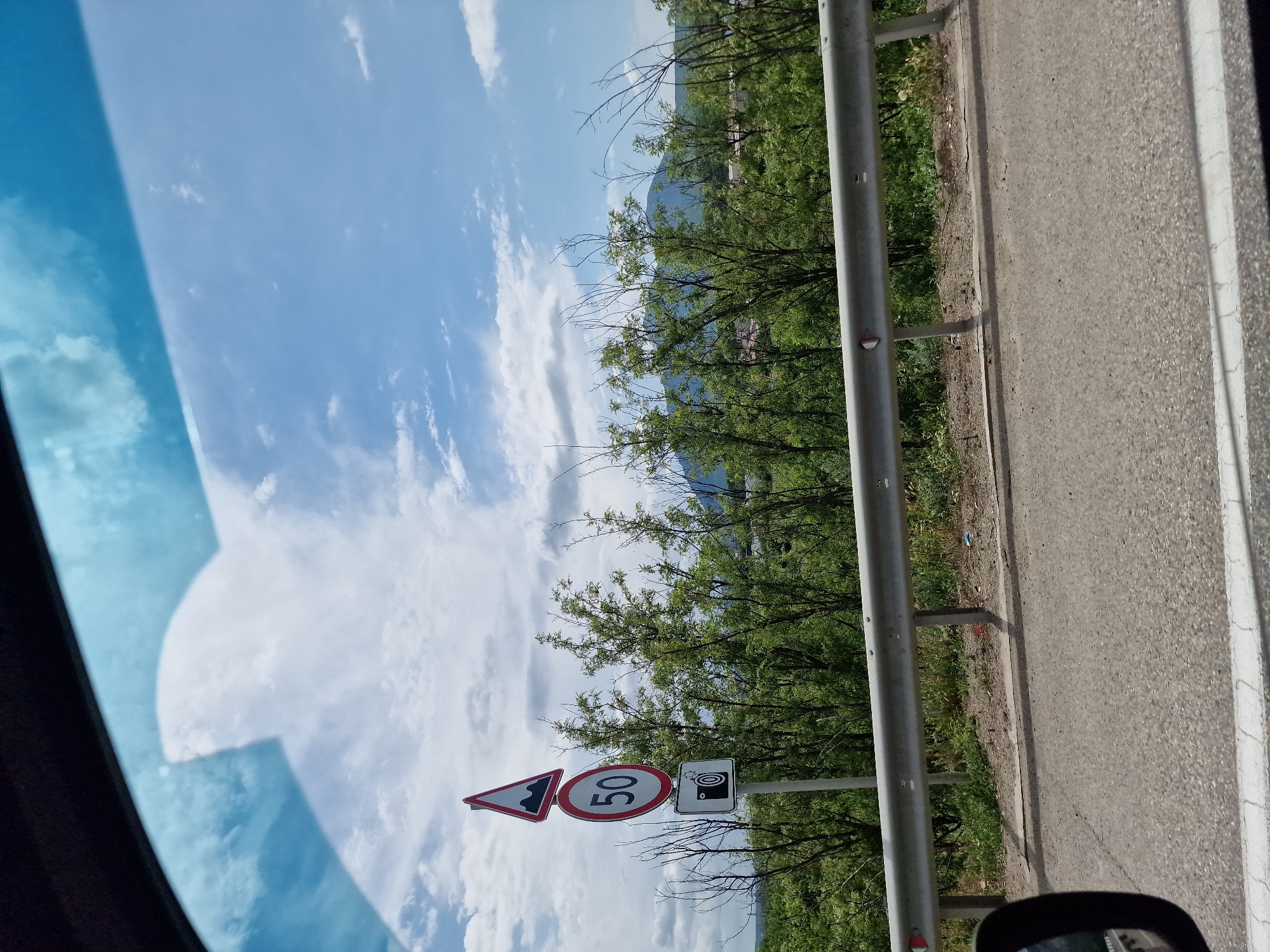 This is a photograph taken from inside a vehicle, looking out towards a rural roadside scene. The upper part of the image shows a blue sky with scattered white clouds, partially obscured by the vehicle's tinted windshield. Below the sky, a row of green trees with some bare branches forms a dense line. In front of the trees, a silver metal guardrail runs horizontally across the frame. To the left of the trees and slightly in front of them, a metal pole holds three road signs. The top sign is a red and white triangle with a black symbol depicting a bumpy road. Below it is a circular sign with a red border and a white background, displaying the number "50" in black. The bottom sign is rectangular with a white background and a black symbol of a camera with a flash. The ground in front of the guardrail is covered with dry grass and some scattered litter. A portion of the road surface is visible in the foreground, with white markings along the edge. A side mirror of the vehicle is visible in the lower left corner of the image. The photograph appears to have been taken during daylight, likely on a cloudy but bright day. The scene is consistent with a road leading into or out of a less developed area, potentially in a rural region of Russia like the vicinity of Змейка, which is known for its mountainous terrain and natural landscapes.