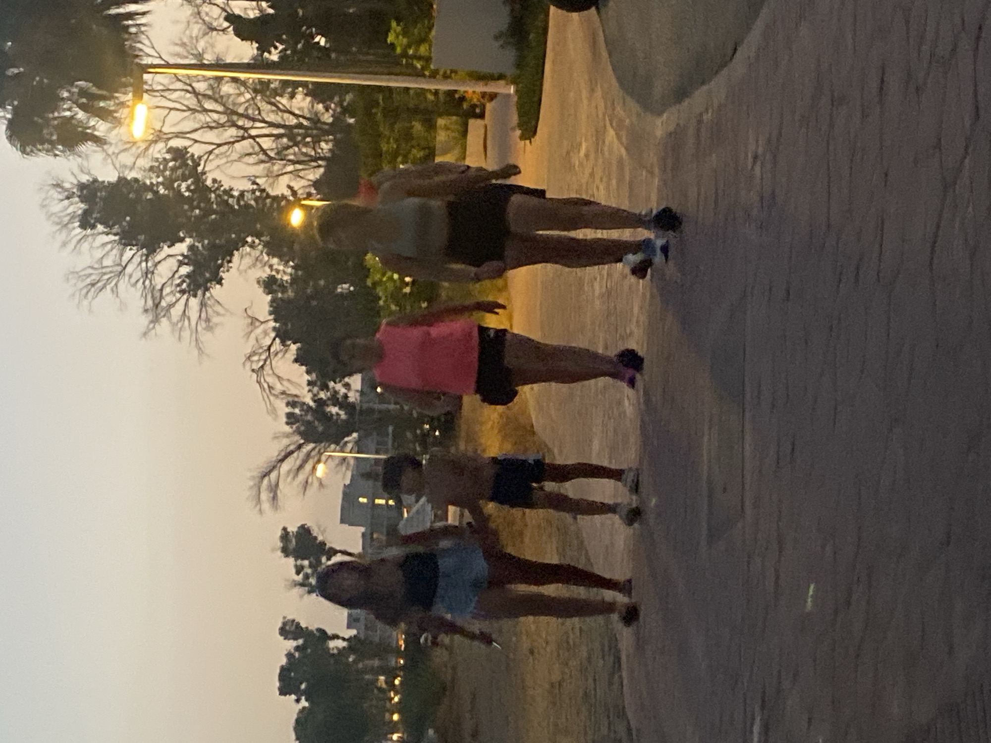 The image depicts a group of people, seemingly friends or family, running outdoors in what appears to be a park or recreational area. The subjects are silhouetted against a hazy sky, suggesting either early morning or late evening. The lighting from street lamps further indicates low light conditions, possibly dusk or dawn. The people are dressed in athletic wear, and their postures suggest they are in motion, running or jogging along a paved path.
The setting includes trees with bare branches and some foliage, characteristic of a Mediterranean climate, which aligns with the provided location context of Playa Del Sol-Villacana, Spain. In the background, there are glimpses of buildings, possibly residential or hotel structures, and the sky has a warm, muted tone. The path they are running on is textured, with visible paving stones or concrete.
The overall mood conveyed is one of active recreation and perhaps camaraderie, with individuals running together. There is no visible text in the image. The time of day appears to be either sunrise or sunset due to the soft, diffused light and the presence of artificial lighting. The weather seems calm, as there are no strong indications of wind or rain.