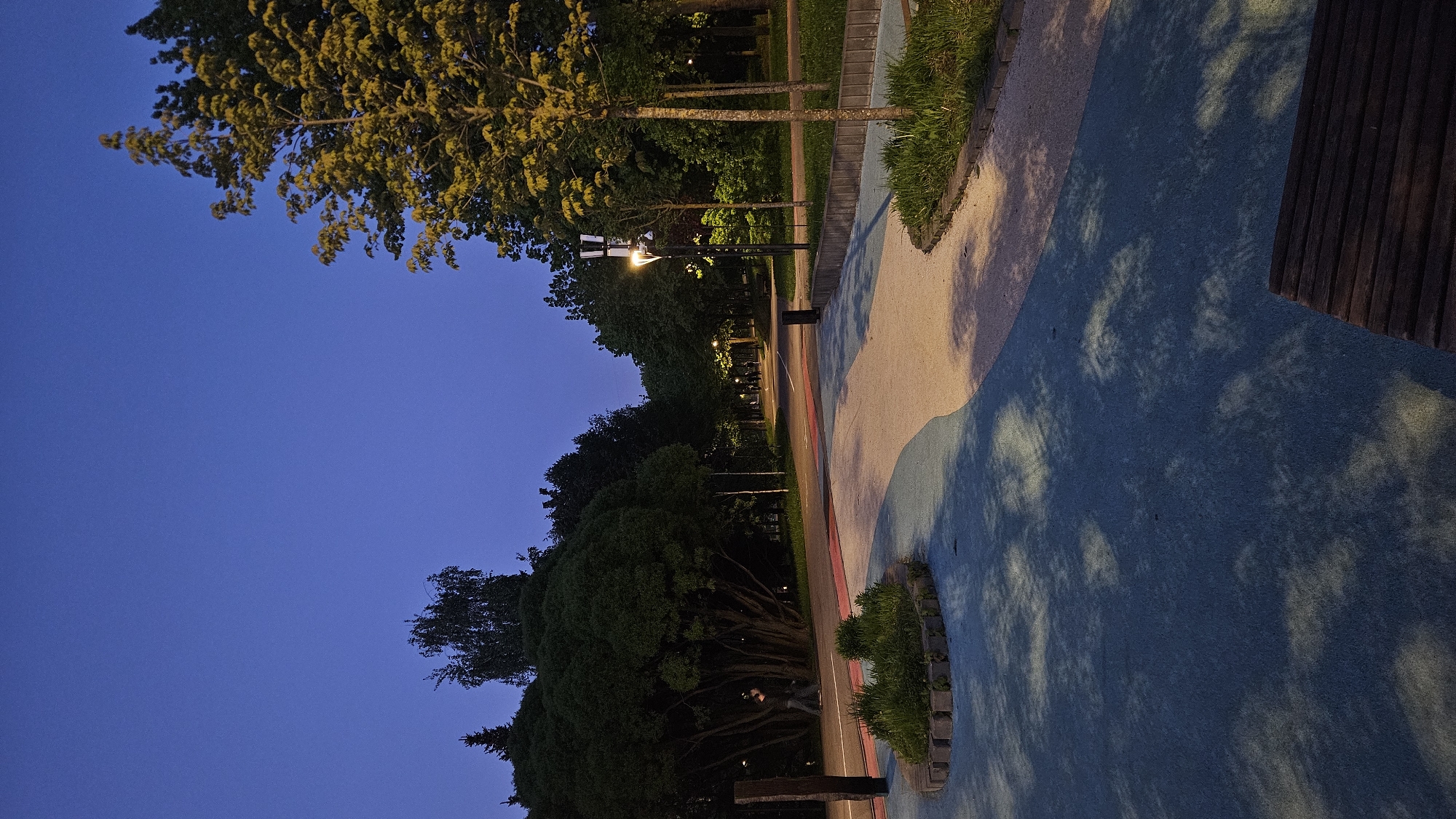 A sideways view of a park area at dusk. The sky is a gradient of deep blue. Trees line a path, illuminated by street lights. The path itself is paved with a combination of light beige and blue surfaces, marked with a red line. Shadows of trees fall across the blue section of the path. A wooden bench is partially visible. The location is Unknown, Unknown.