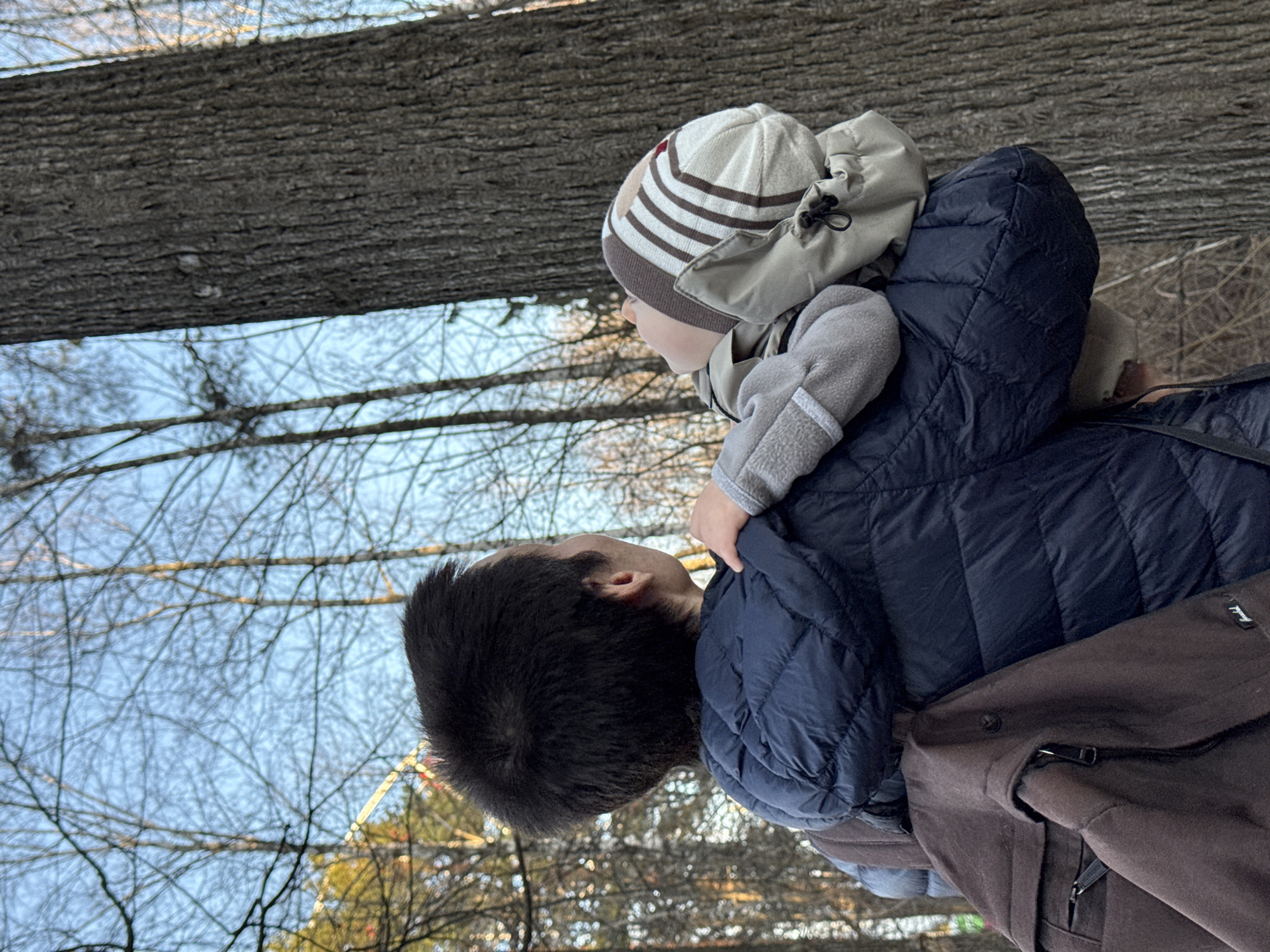 An outdoor image, rotated on its side but depicting an upright scene, features an adult carrying a young child in what appears to be a park or wooded area in Izhevsk, Russia.
The adult, visible from the back and side, has dark hair and is wearing a dark blue puffer jacket. A brown bag or backpack, with the brand name "Herschel" faintly visible on a label, is slung over their shoulder. The adult's head is turned towards the right side of the frame, looking in the same general direction as the child.
The young child is held close to the adult, possibly on their shoulders or in a carrier, and is also looking intently towards the right. The child is dressed warmly in a beige and brown striped hat with earflaps, a light-colored jacket, and grey mittens or sleeves, suggesting cool or cold weather, likely winter or early spring given the bare trees.
The background features a large, textured tree trunk prominently in the upper half of the image. Below the trunk, numerous bare tree branches crisscross against a clear blue sky. In the distance, through the sparse branches, a faint structure resembling a Ferris wheel or another amusement park attraction can be seen, providing a specific location cue consistent with the provided context of Izhevsk. The scene captures a moment of shared observation or exploration between the two individuals.