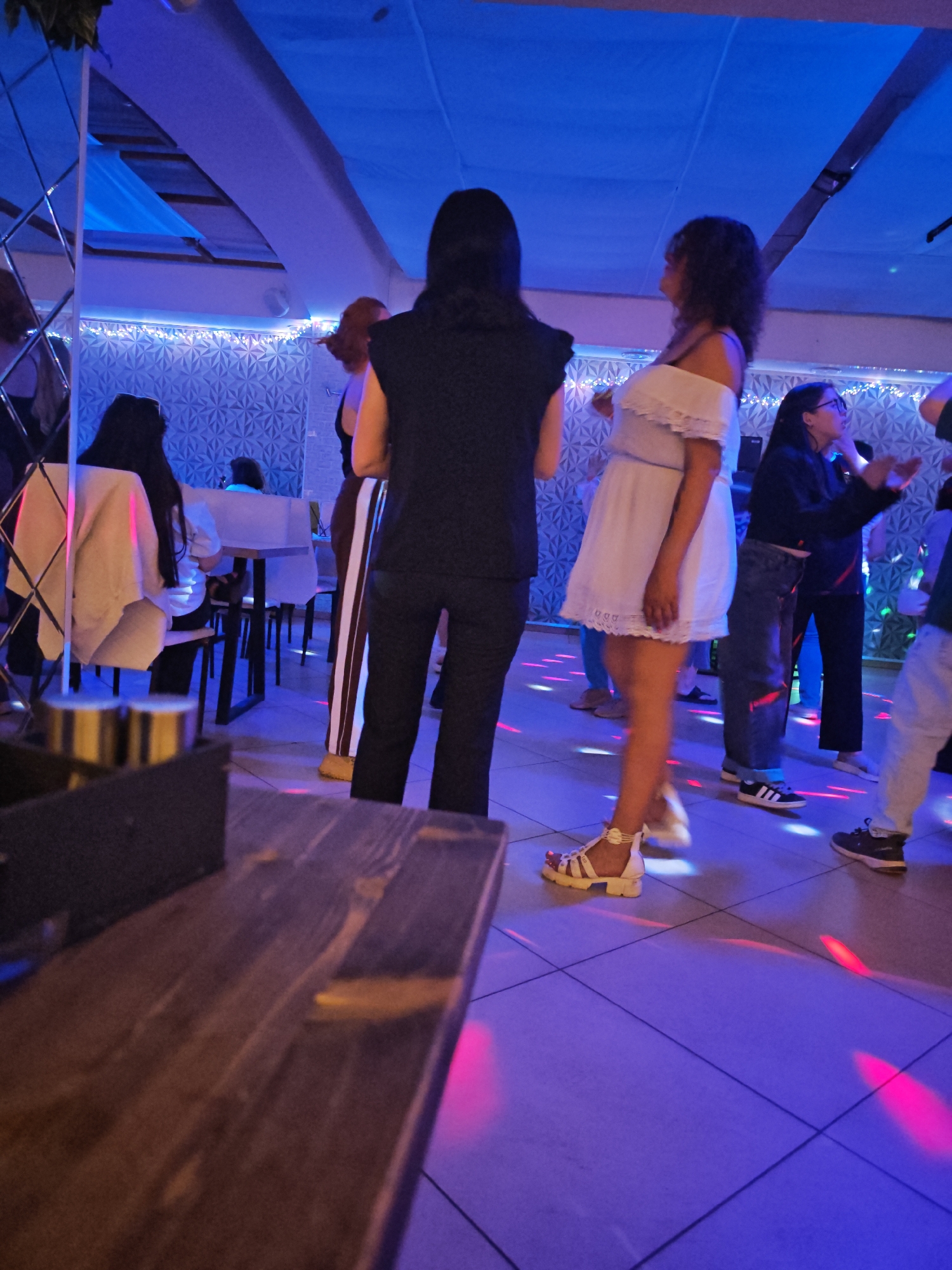 Scene: Interior space illuminated with blue and pink lighting, possibly a bar or dance club in Chaikovsky, Russia.
People: Several individuals are visible. A woman with dark hair wears a white dress and light-colored strappy sandals. Another woman with dark hair stands with her back to the viewer, dressed in black pants and a vest or sleeveless top. Other individuals are scattered around, including a woman in a black jacket and jeans, and a person in jeans and a light-colored shirt.
Objects: The foreground features a dark, wooden table. Seating and tables are present in the background. Decorative lighting and patterned wall coverings adorn the space.
Actions: The individuals appear to be socializing and possibly dancing.
Interactions: Interactions between individuals are apparent.
Environment: The setting suggests a casual or entertainment venue, possibly a bar or club setting.