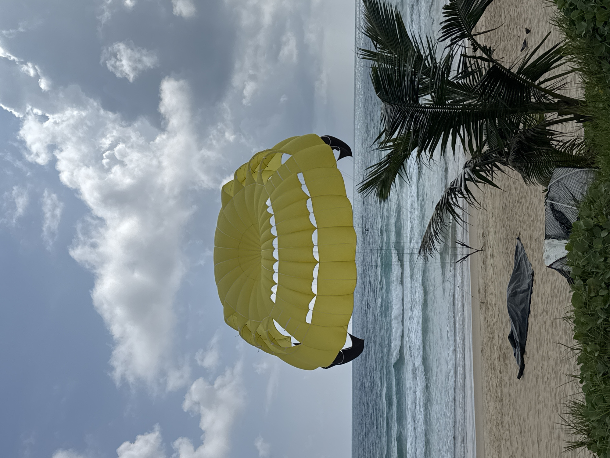 A bright yellow parasail is airborne above the turquoise waters of Karon Beach, Thailand. The parasail, which appears to be inflated and in use, is suspended by lines from an unseen towing vessel. The sky above is a mixture of blue with scattered white clouds. The ocean exhibits moderate waves breaking on the shore. The sandy beach is visible in the foreground, with a few scattered items including a black tarp, a partially covered structure, and some vegetation. A palm tree is prominently featured in the lower right portion of the frame, its fronds extending into the scene. Two birds are visible on the sand near the palm tree. The overall scene depicts a recreational activity taking place on a beach.