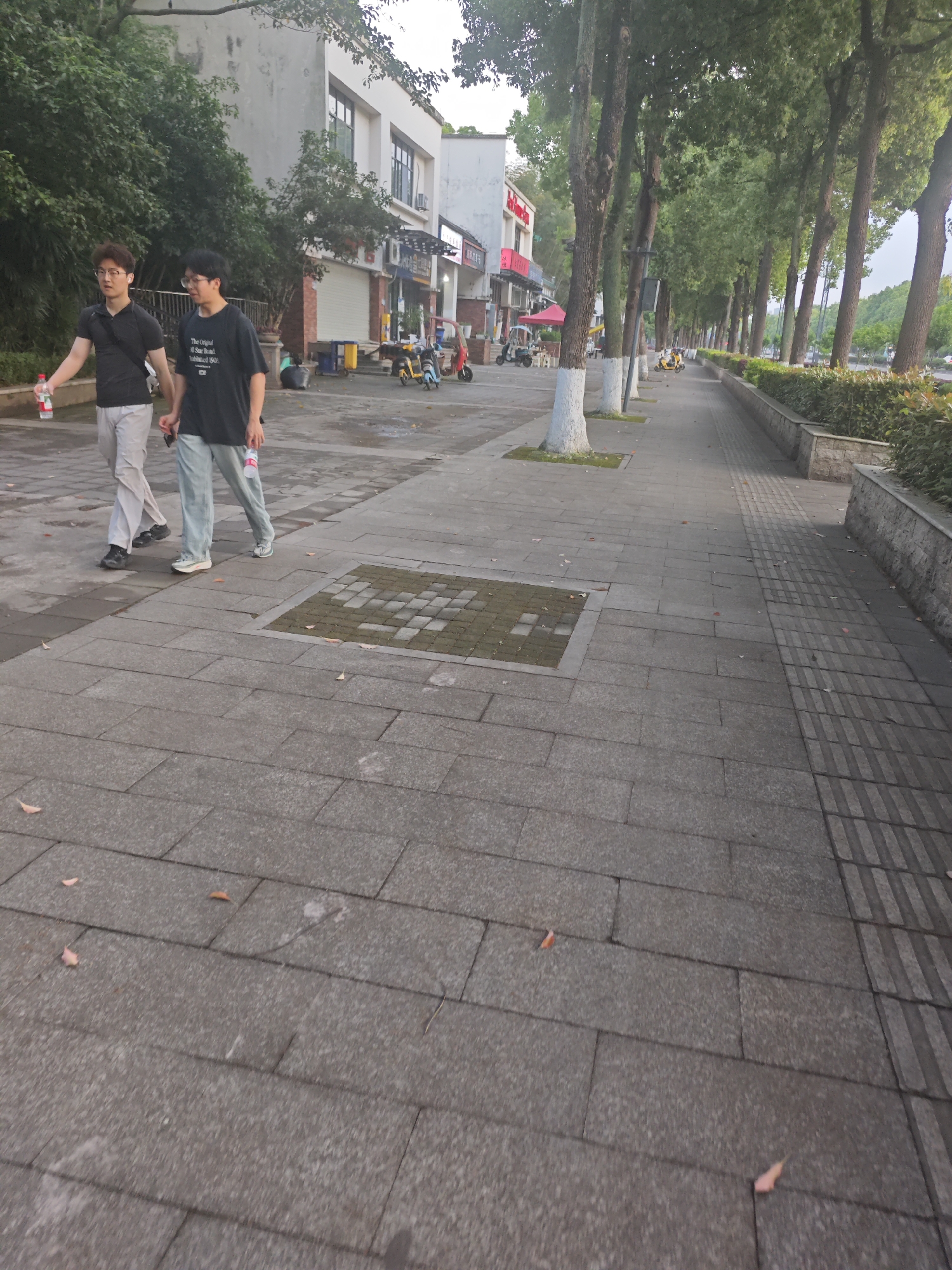 The image shows a wide paved sidewalk in Chongqing High-tech Zone, China. Two men walk side-by-side on the sidewalk, both holding bottles. One man wears a black t-shirt and light-colored pants. The other wears a darker t-shirt and light blue jeans. The sidewalk is made of grey rectangular pavers with interspersed square sections of smaller, green pavers. A tactile paving strip runs along the right side of the sidewalk. A row of trees with white-painted trunks lines the right side of the sidewalk, with a low retaining wall and shrubs further to the right. Buildings, some with awnings and storefronts, are visible on the left side of the sidewalk. Several scooters are parked along the curb in front of the buildings. Other individuals and scooters are visible further down the sidewalk.