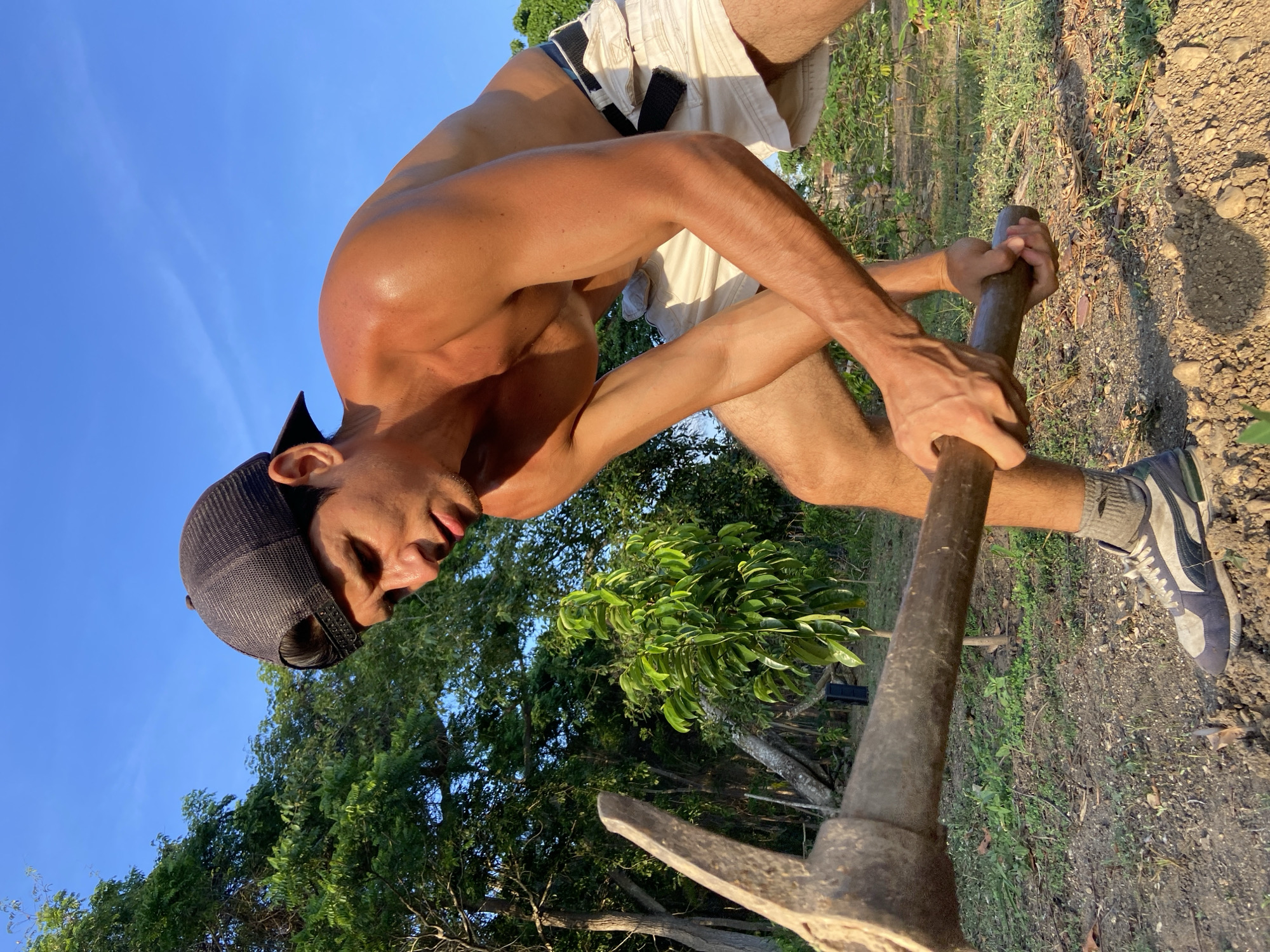A shirtless young man wearing a dark baseball cap, light-colored shorts, and athletic shoes is digging in a dirt area. He is holding a pickaxe with both hands, appearing to exert effort. The background features lush green trees and a bright blue sky, suggesting an outdoor, possibly rural or park-like setting. The lighting indicates it is daytime, with the sun casting shadows and highlighting the man's skin. The scene appears to be located in Los Velásquez, Venezuela.