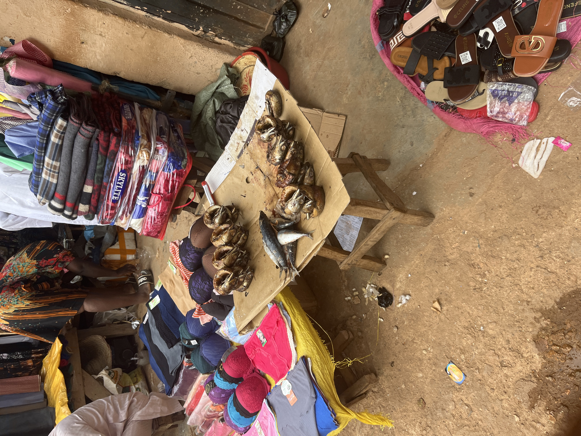 In the city of Jos, Nigeria, a street market stall displays a variety of goods. Piled high are folded blankets, some with plaid patterns and others in solid colors. Beneath the blankets are stacks of packaged goods, some featuring the "SKYLITE" brand. To the left, a table covered with a yellow cloth holds an assortment of bras in various colors, including blue, pink, and black, along with folded garments. In the center, on a piece of cardboard, are several cooked fish, arranged head-to-tail, with raw fish in front of them. A small wooden stool supports the cardboard. The ground is covered with dirt, scattered with debris, and a puddle of water. To the right, a collection of sandals and flip-flops are displayed on a pink mat. A person's legs are visible in the upper left, wearing a colorful, patterned skirt and sandals. Another person, partially visible on the far left, is seated. The overall scene depicts a busy marketplace with a diverse range of products for sale.
