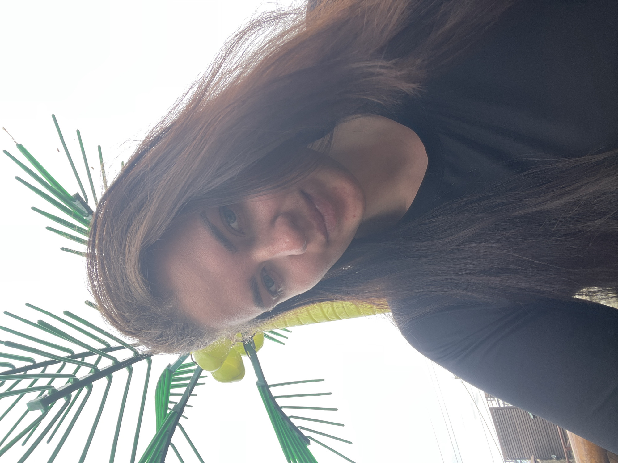 A woman with long brown hair is looking down at the camera. She has fair skin and is wearing a black long-sleeved shirt. Beside her is a green plastic palm tree. The background is bright, suggesting daylight. The location is Molokovo, Russia.