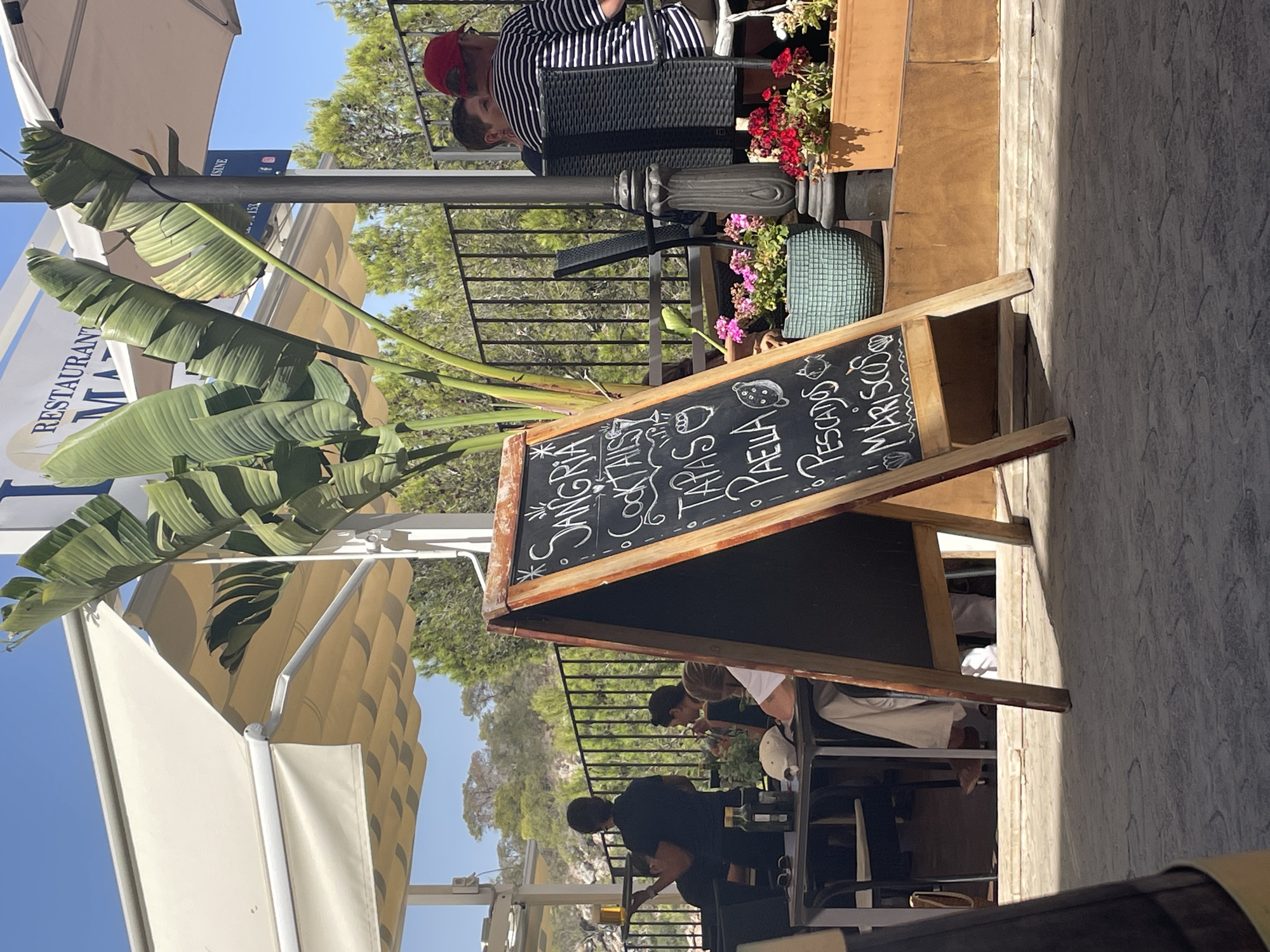 This is a sunny outdoor scene at a restaurant in Santanyí, Spain, on a clear day. The foreground features a chalk menu board displaying handwritten items such as "Sangria," "Cocktails," "Tapas," "Paella," "Pescados," and "Mariscos." Behind the menu board, a patio dining area is visible with tables and chairs.
In the middle ground, several people are seated at tables, some of whom are interacting with each other. One person is carrying a tray with a drink, suggesting they are a server. A large, tropical-looking plant with broad green leaves is positioned prominently in the center of the frame, behind the menu board.
Further back, a metal fence separates the restaurant area from a wooded hillside covered in green trees. A white awning extends over part of the patio, providing shade. The overall impression is a relaxed dining atmosphere in a Mediterranean setting.
