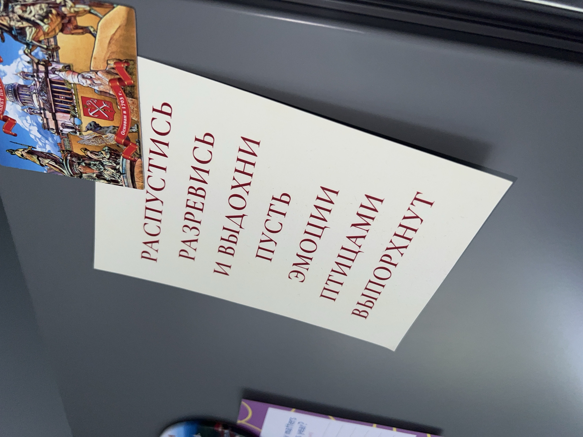 The image displays a white rectangular card with vertical text in a reddish-brown font, leaning against a dark, reflective surface, likely a refrigerator. The text, in Russian, reads: "РАСПУСТИСЬ РАЗРЕВИСЬ И ВЫДОХНИ ПУСТЬ ЭМОЦИИ ПТИЦАМИ ВЫПОРХНУТ," which translates to: "Relax, cry it out, and exhale. Let emotions fly out like birds."
To the upper left of this card, a colorful magnet is partially visible. It depicts historical imagery including buildings, figures on horseback, and a coat of arms. A small red banner on this magnet contains the Russian text "Основан в 1703 г." (Founded in 1703), which commonly refers to the founding of St. Petersburg. A small, purple object with some English text, including "matters" and "year?", is partially visible at the bottom of the frame. The overall setting suggests a domestic environment where decorative or motivational items are displayed.