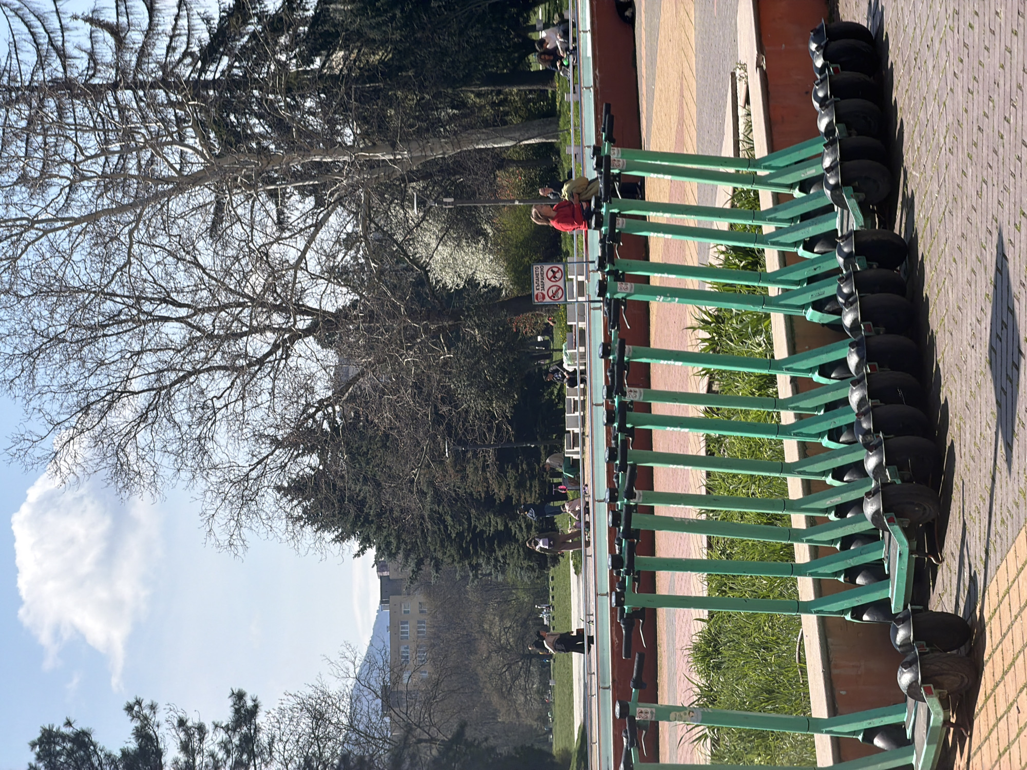 This picture was taken in Sofia, Bulgaria. It shows a row of green electric scooters parked on a brick and stone sidewalk. In the background, a park is visible with people walking and sitting on benches. Trees, some bare and some with leaves, fill the park area. A building and mountains can be seen in the distance under a blue sky with clouds. A sign is visible near one of the parked scooters, indicating a prohibition for dogs and bicycles. A woman in a red shirt is sitting on a bench. The scooters are arranged in a row, each parked upright and facing the same direction. The environment suggests a sunny day in early spring.