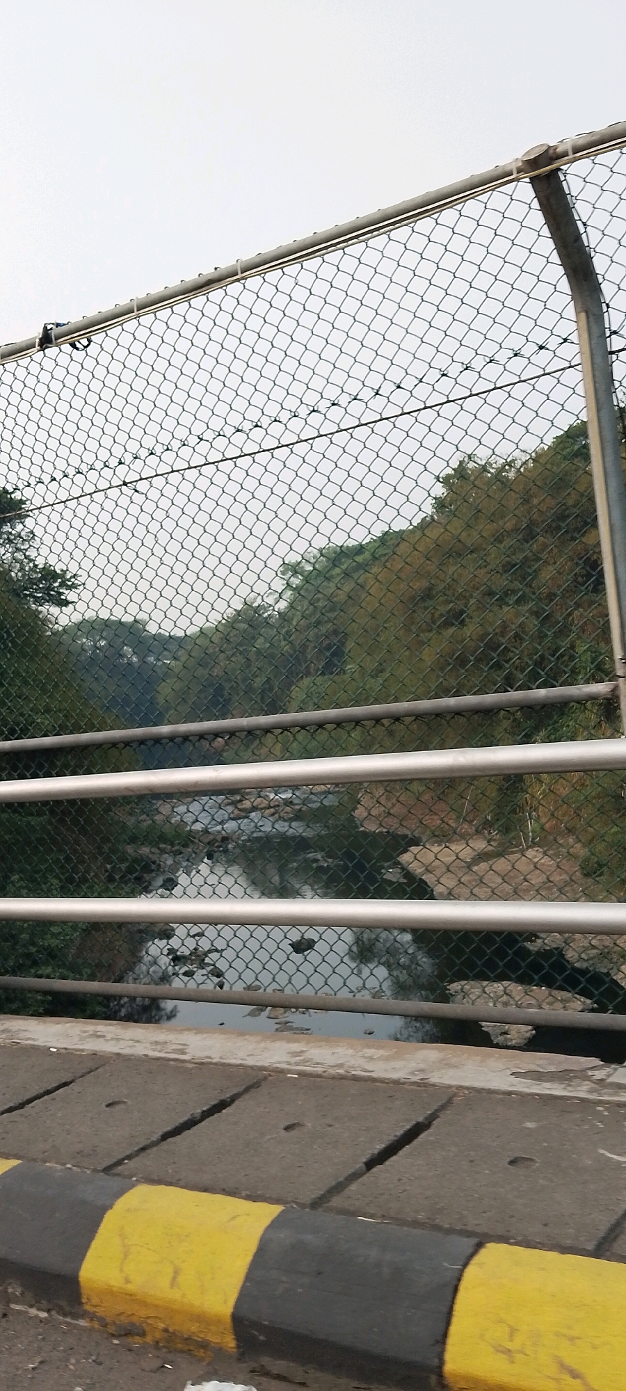 The image captures a view from a bridge in Gunung Putri, Indonesia. In the foreground, a section of the bridge's concrete edge is visible, marked with alternating black and yellow stripes. Beyond this, a chain-link fence runs horizontally across the frame, with two parallel metal railings interspersed within its mesh. Through the fence, a river flows, its water reflecting the overcast sky. The riverbanks are lined with rocks and vegetation. In the background, a hill covered in trees and foliage rises, with some trees exhibiting autumnal colors. The overall scene depicts a natural landscape viewed from an urban overpass.