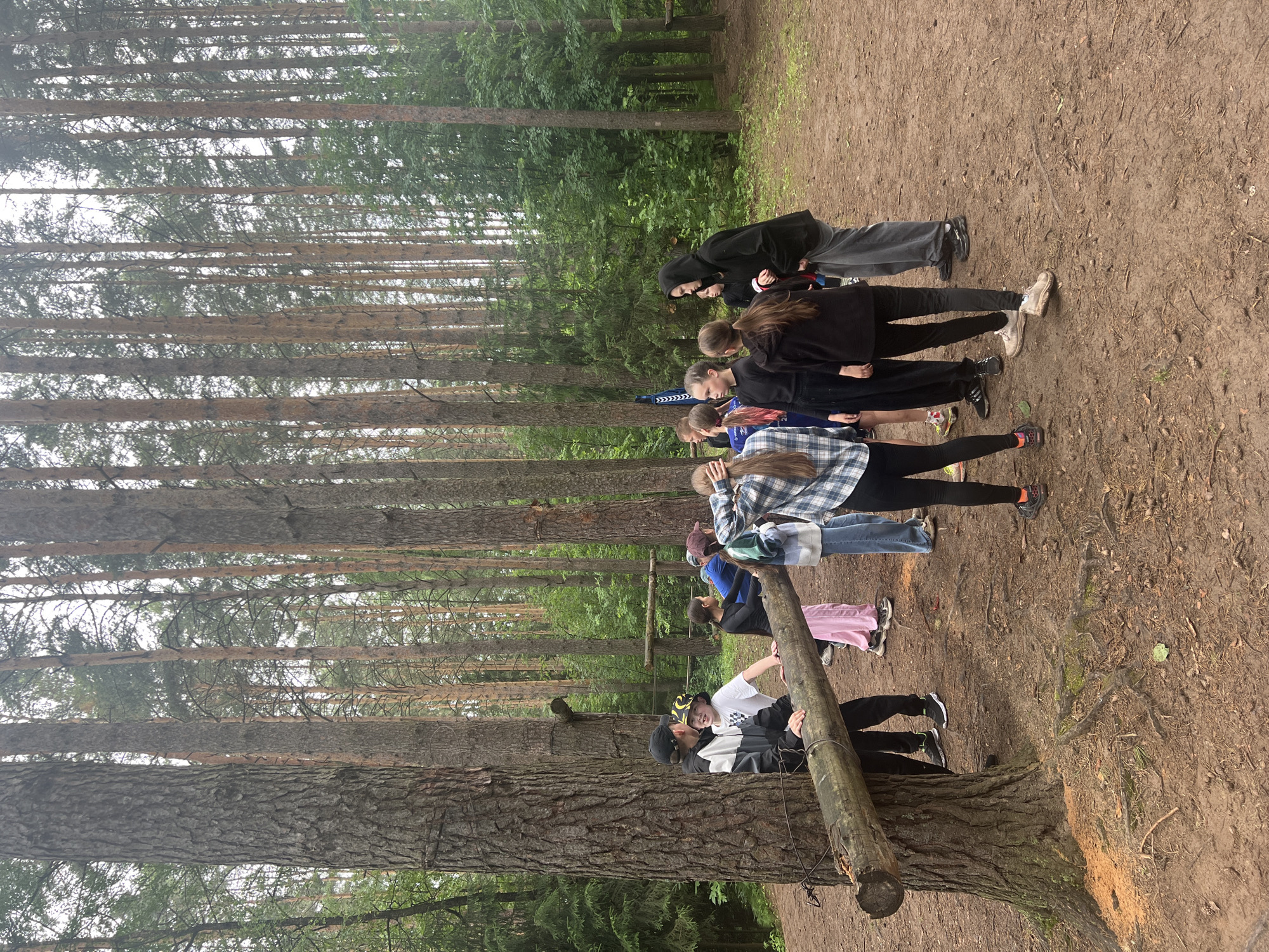 In a forest environment, likely within or on the outskirts of Chaikovsky, Russia, a group of approximately ten young people, appearing to be in their early to mid-teens, are gathered around a large, thick log resting horizontally against a tree trunk. The log is positioned at chest height for some of the individuals. The people are dressed in casual, outdoor clothing, including jackets, hoodies, and pants, with some wearing athletic shoes. Their actions suggest a collaborative activity or instruction related to the log. The environment consists of tall, slender pine trees with a forest floor covered in pine needles and dirt, indicating a natural, wooded setting. The sky is overcast, suggesting a temperate climate. The scene appears to be part of an outdoor educational or recreational program.