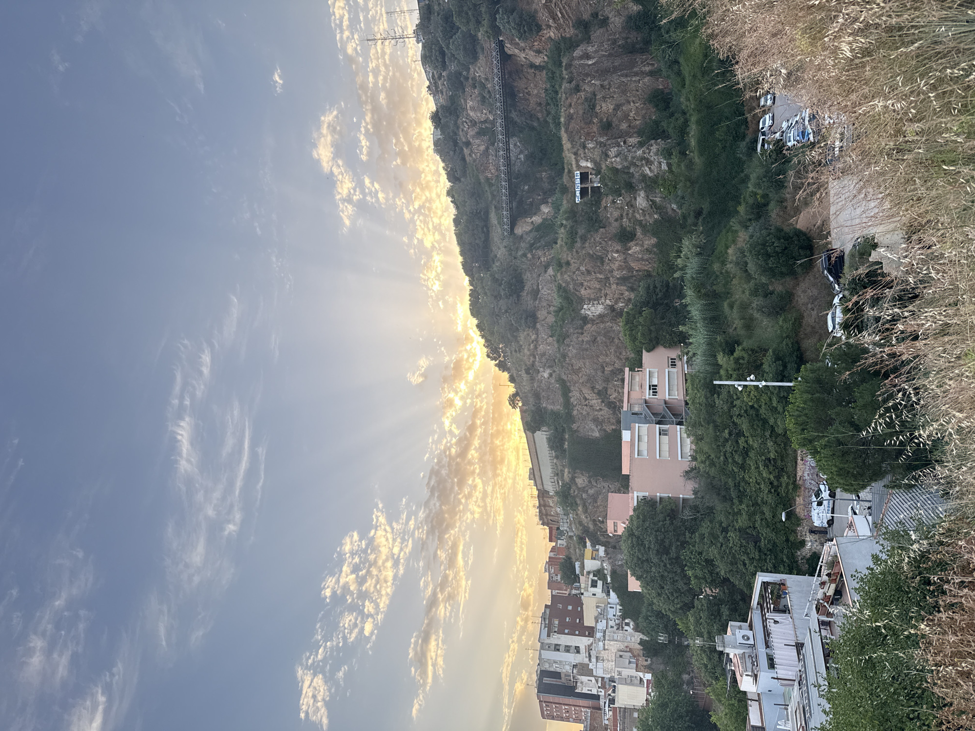 This is a vertical, eye-level, outdoor, daytime photograph capturing a scenic view of Barcelona, Spain, likely from a hillside overlooking a section of the city. The image is dominated by the sky and a natural rocky incline covered with dense green vegetation. The sun is setting, or has just risen, behind the clouds on the left side of the frame, casting dramatic sun rays through a gap in the textured, light-colored clouds.
In the middle ground, a steep, rocky hillside is visible, adorned with trees and shrubs. A long, dark-colored pedestrian bridge spans across a section of this hill, connecting two points. Below the bridge, a small, rustic-looking structure with graffiti on its front is nestled into the rock face. Further down the hill, several residential buildings are clustered together. These buildings vary in color and height, with some featuring light pink facades and others white or dark colors. The buildings appear to be multi-story apartments or houses.
In the foreground, to the right, is a dry, grassy area with tall, dried stalks of grass and weeds. To the left and lower center, more residential buildings and dense green trees are visible. A street or parking area is present with several cars parked, including white vans and smaller passenger vehicles. A white van with the word "TEAM" clearly visible on its side is parked near a streetlight and surveillance cameras. The overall impression is one of a vibrant urban landscape interwoven with natural elements and the golden light of dawn or dusk.