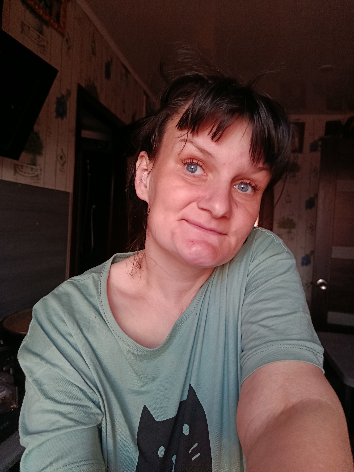 A woman with blue eyes and dark hair is taking a selfie indoors. She is wearing a light green T-shirt with a black cat print. The background shows a kitchen or living area with patterned wallpaper and a dark-colored cabinet. A door is visible in the background. The lighting is dim, casting shadows on the face and surroundings. There is no information to indicate that the location is in the city of Фоки, Russia.