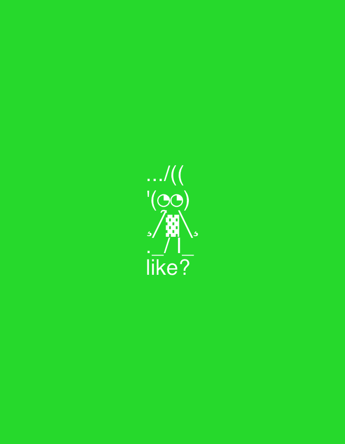 The image is a screen capture from an unknown digital source, displaying a bright green background. Centered on the screen is a white ASCII art depiction of a stick figure with large, surprised eyes and question marks for feet. Above the stick figure, white text reads ".../(( '(oo) _|_ / _|_ like?". There is no discernible city, location in Yerevan, Armenia, or any physical environment present in the image.