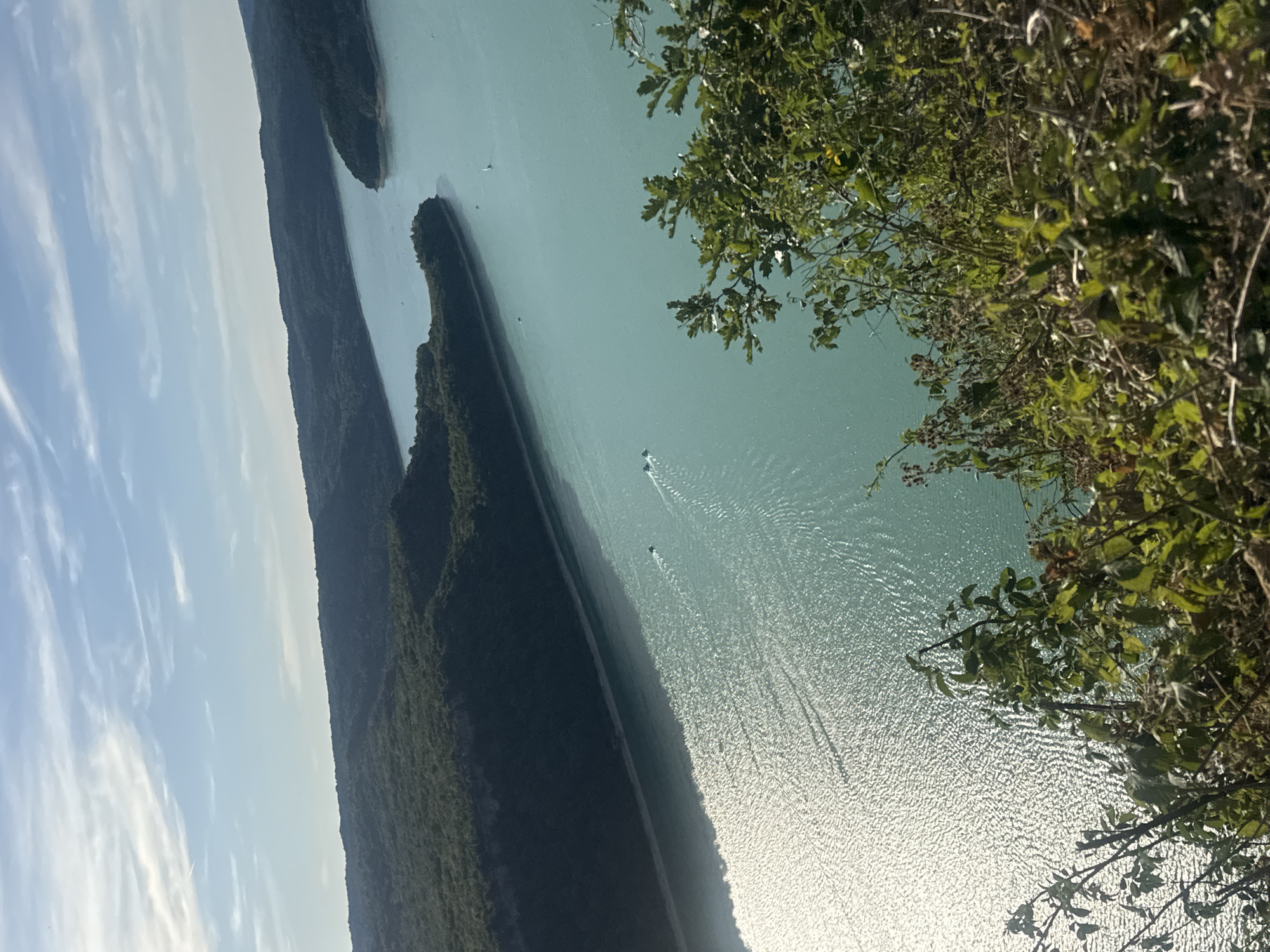 A high-angle, sunlit shot shows a wide, turquoise lake bordered by dark green, tree-covered hills under a pale blue sky with wispy clouds. In the foreground, dense green foliage and branches frame the lower right corner. Three motorboats create white wakes on the water, moving away from the viewer toward the center of the lake. A sailboat is visible further in the distance on the right side of the lake. The lake appears to be the Lac de Vouglans, located in the Jura department of France, near the commune of Moirans-en-Montagne.
