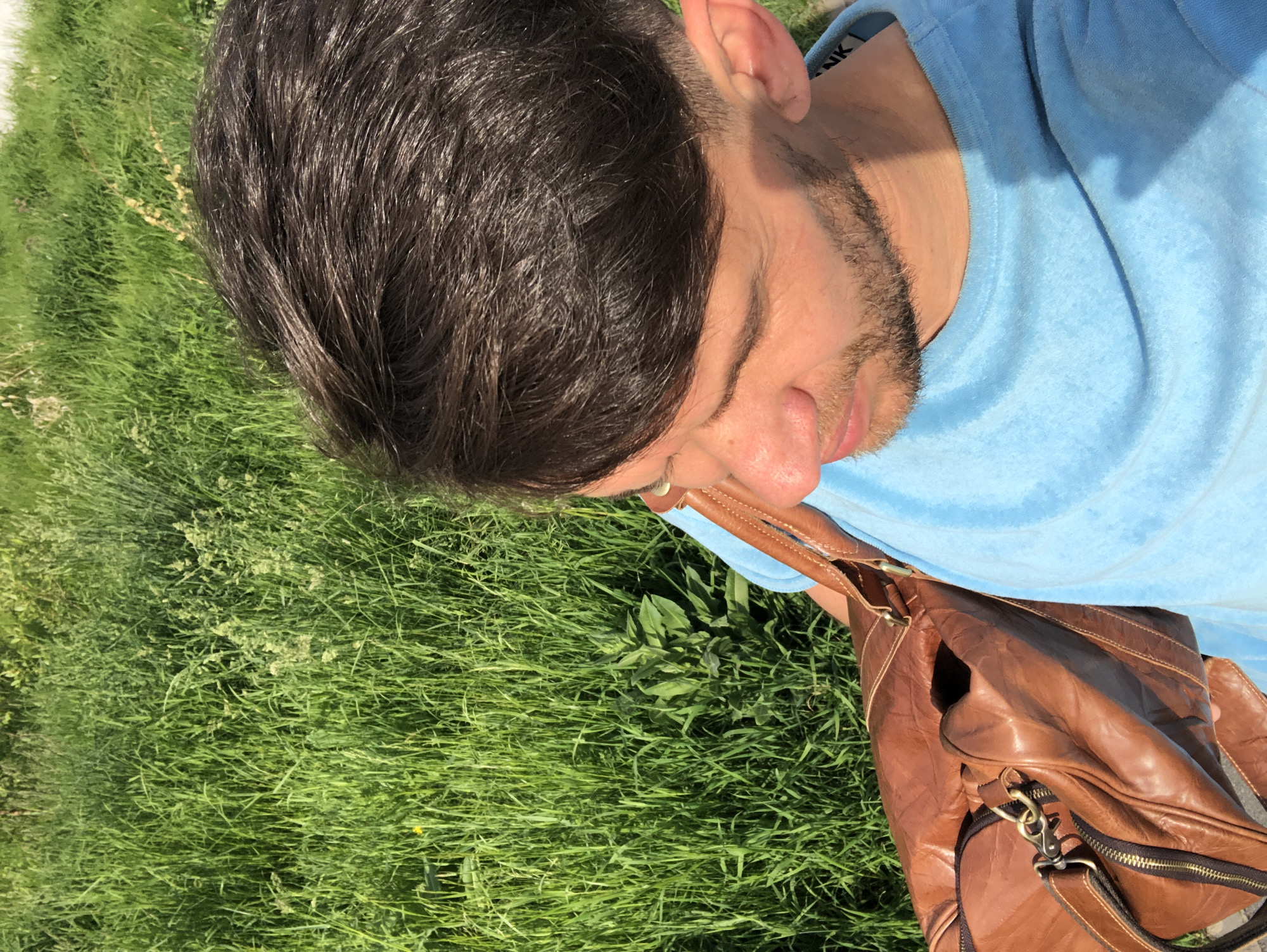 The image displays a male individual from an elevated perspective, appearing to be a selfie taken outdoors on a sunny day. The man has short, dark brown hair, styled with a faded cut on the sides, and a short, dark beard or stubble. He is wearing a light blue, textured short-sleeved top. A prominent brown leather duffel bag with brass-toned zippers and hardware is positioned in front of him, held by a shoulder strap, partially obscuring his torso. His gaze is directed downwards and slightly to the right of the frame. The background consists entirely of dense, vibrant green grass with some lighter-colored seed heads, suggesting a natural or park environment. Direct sunlight casts distinct shadows on his face and shirt. The scene does not contain any specific architectural elements, landmarks, or unique identifiers that would corroborate a location within Saint Petersburg, Russia.