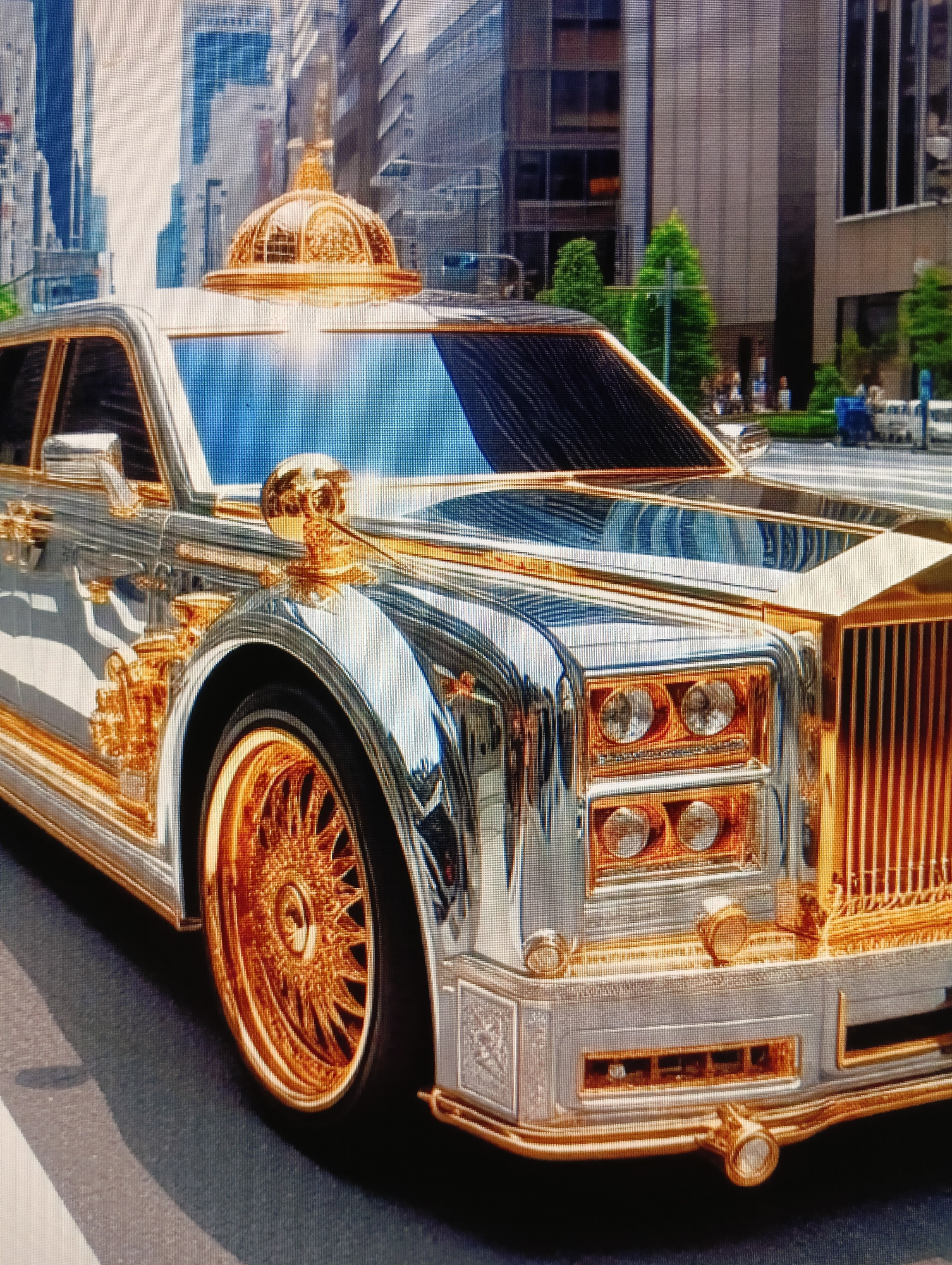 The image shows a highly ornate, gold-plated luxury car with a prominent dome on its roof, driving down a city street. The car is silver and gold, with intricate detailing and large, spoked gold wheels. In the background, tall buildings and trees are visible, suggesting an urban setting. Several people are seen walking on the sidewalk, and other vehicles are in the distance. The image does not contain any information suggesting the location is Sluck, Belarus.