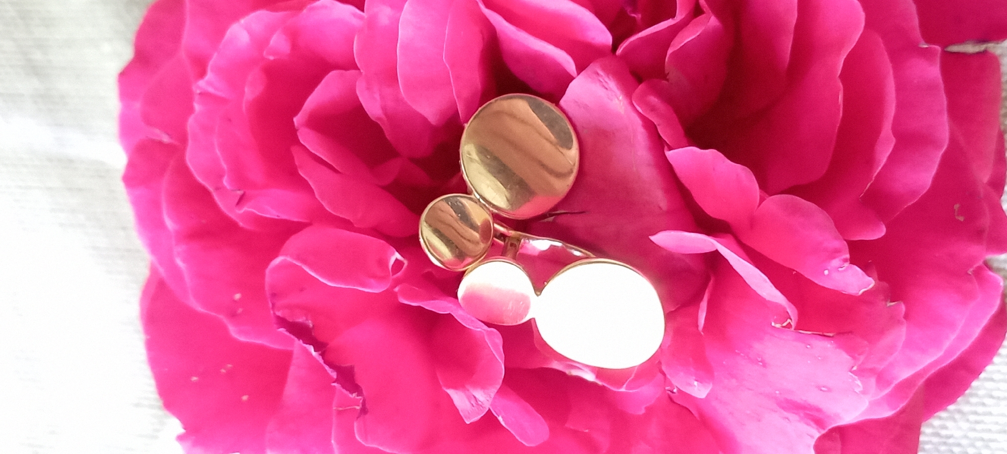 A close-up, overhead shot shows a metallic ring with three circular, gold-toned elements on top of vibrant pink rose petals. The largest circular element is on the left, and two smaller elements are stacked slightly to its right. The petals are unfurled, revealing their soft texture and slight sheen.