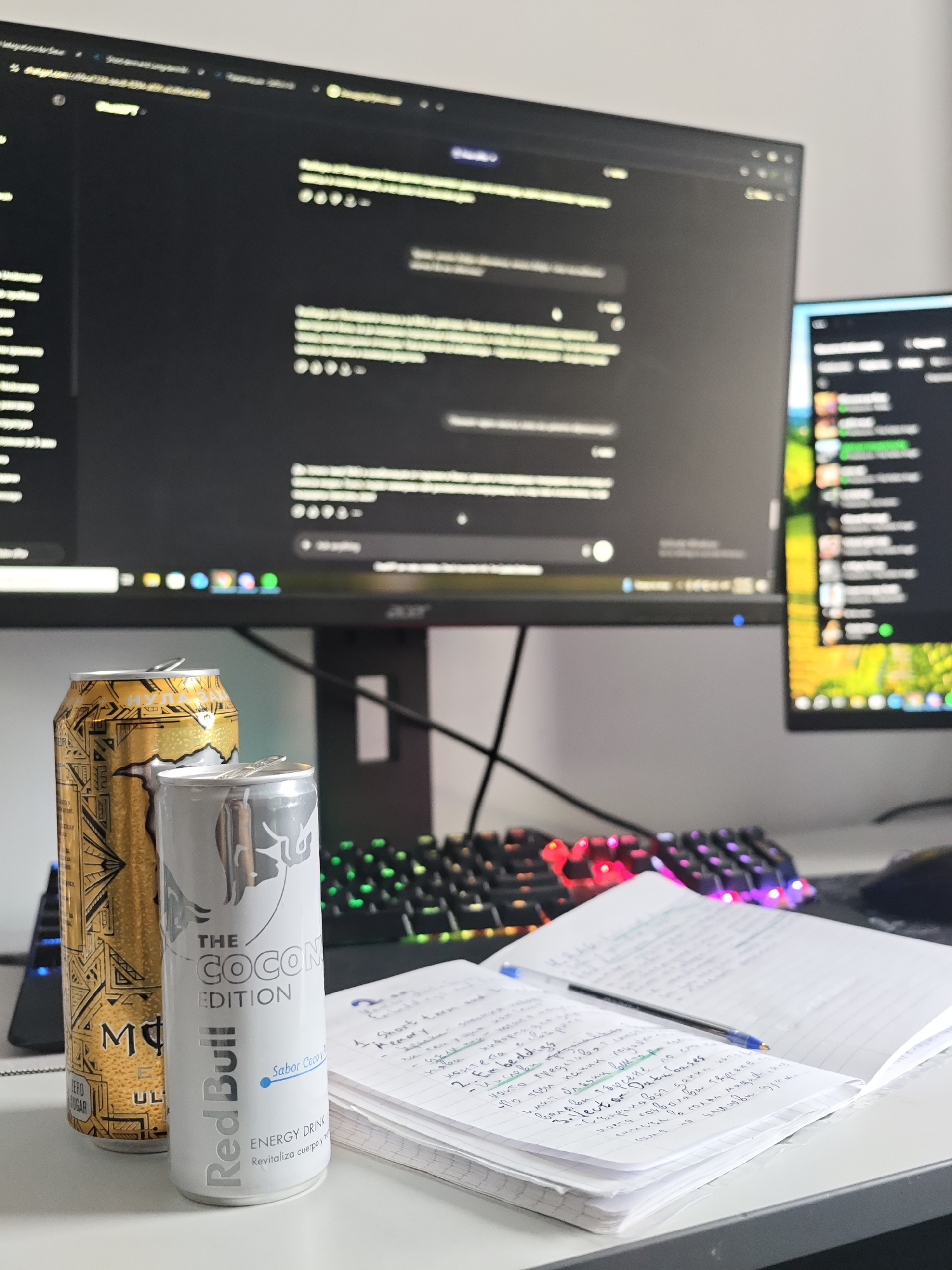 The scene is a desk setup with computer monitors, a keyboard, writing materials, and energy drinks. In the foreground, there are two cans of energy drinks. One is a gold-colored Monster Ultra, and the other is a silver Red Bull Coconut Edition. Next to the energy drinks, there is an open notebook with handwritten notes in a blue pen. Behind these objects, a colorful RGB mechanical keyboard can be seen. In the background, there are two computer monitors; the one on the left is displaying what appears to be a chat window, possibly with AI like chatGPT, while the screen on the right is displaying a user interface. The desk is white and the room appears to have neutral walls. The image does not provide enough information to discern the city of Kozloduy or its relation to the objects in the image.