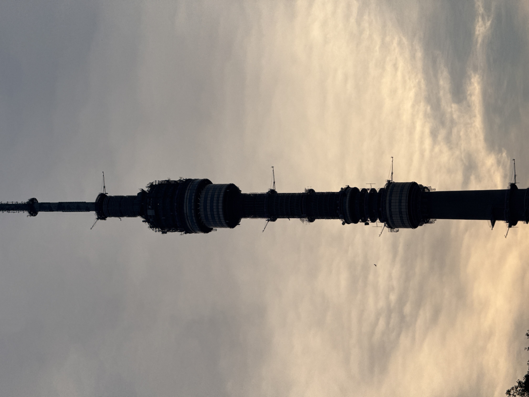 The image shows the Ostankino Tower, a television and radio tower located in Moscow, Russia. The tower is silhouetted against a cloudy sky. The tower is tall and slender, with a series of platforms and antennas at various heights. The sky is a mix of gray and yellow hues, indicating either dawn or dusk. There are a few small birds visible in the sky, and some trees are visible at the bottom of the frame. The image is taken from a low angle, emphasizing the height of the tower.