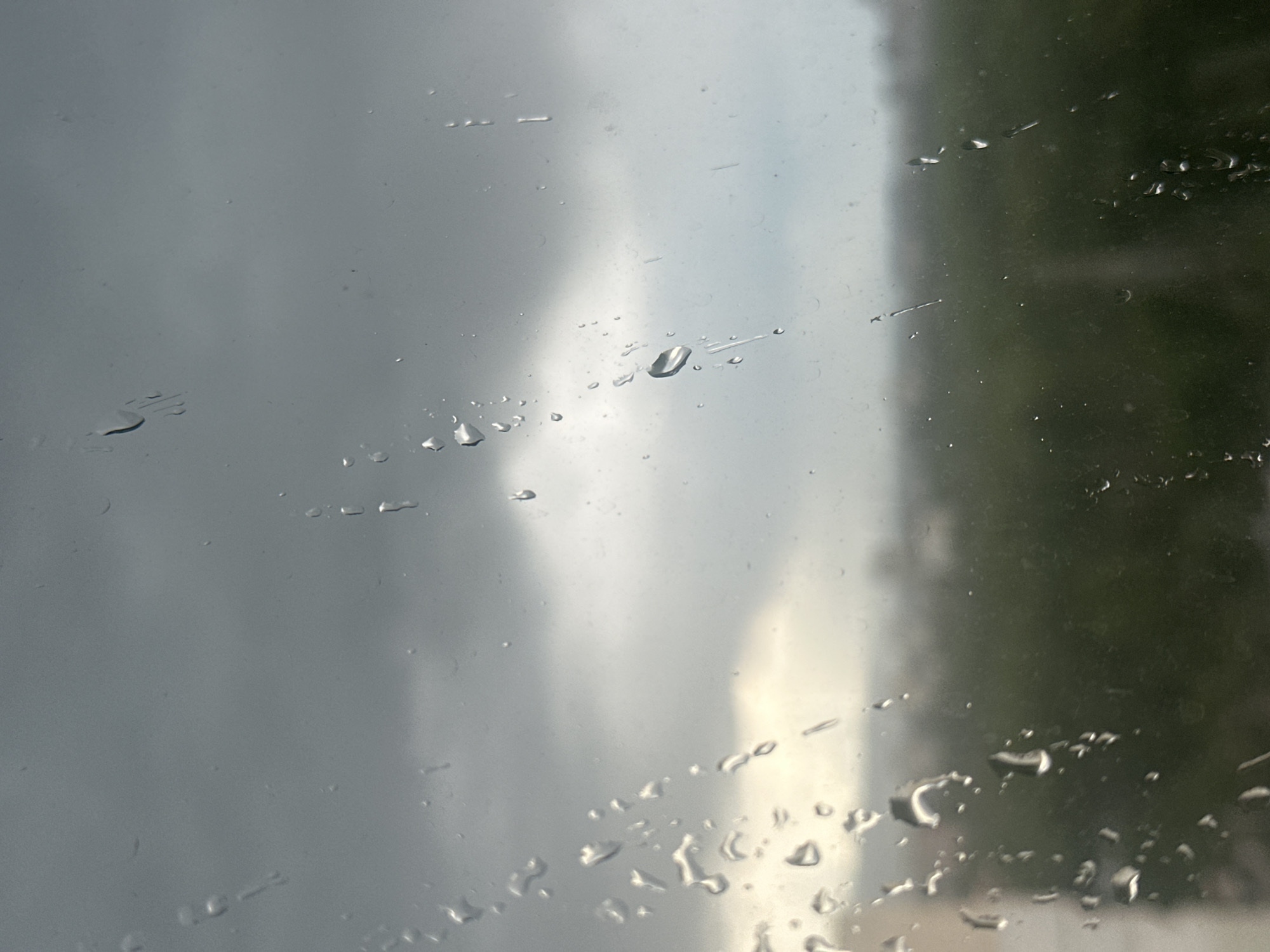 The image shows raindrops on a window, with a blurry view outside. The outdoor scene appears to include a grey, overcast sky and some green foliage or trees. The location in Sofia, Bulgaria is not evident from the image itself. There are no people visible. The subject is the rainwater and the blurry outdoor view.
