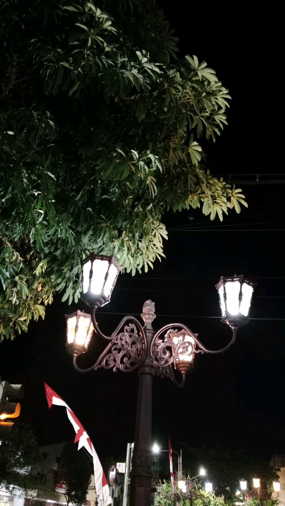 The image depicts a decorative street lamp post at night in Magetan, Indonesia. The lamp post is ornate, with cast iron scrollwork and four illuminated lamps. One lamp is prominently lit in the foreground, while others are visible further down the street. In the background, lush green foliage from a tree drapes over the scene from the upper left. A fragment of the Indonesian flag, red and white, is visible in the lower left quadrant, indicating a possible national celebration or observance. The sky is dark, suggesting nighttime. The scene appears to be on a city street, with hints of buildings and other street lights in the distance.