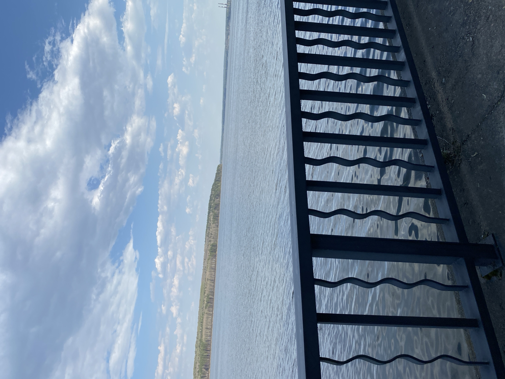 This image depicts a body of water, likely the Kama River, as seen from a railing in Chaikovsky, Russia. The sky is partially cloudy. A treeline is visible on the opposite shore. The railing is dark and constructed of vertical bars connected by curved horizontal elements. A concrete barrier is adjacent to the railing. There are no people visible.