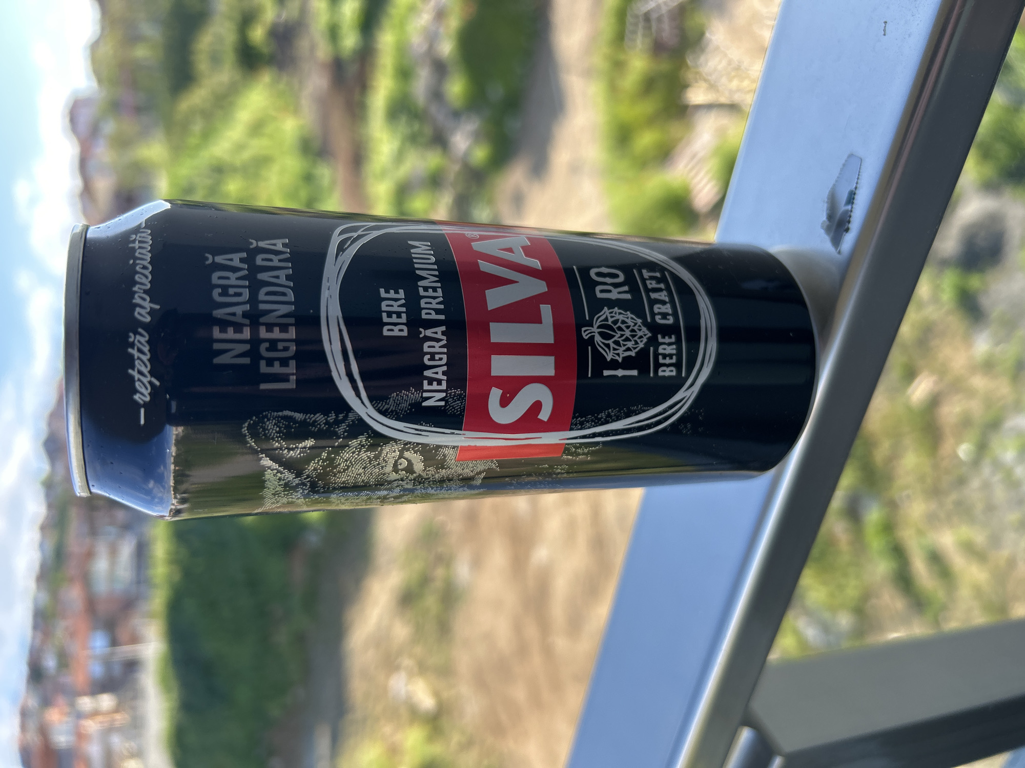 A can of Silva Neagra Premium beer sits on a gray metal railing. The can is black with red and white lettering. Droplets of condensation are visible on the can. The background is blurry, but it appears to be a landscape with buildings and trees. Based on the architecture visible in the background, it is likely the city of Stara Zagora, Bulgaria.