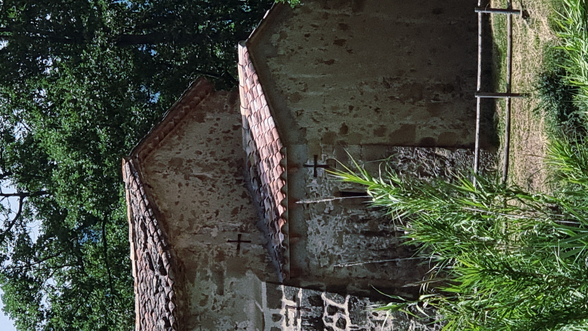 The image shows a section of an old stone building with a tiled roof, possibly a chapel or church, set against a backdrop of lush green trees. The building's walls are weathered, with patches of exposed stone and a rough, textured finish. Two dark crosses are visible on the exterior walls of the building. In the foreground, tall green reeds and grass grow, obscuring part of the lower section of the building and a rustic wooden fence. The scene appears to be in a natural, rural setting. This image is located in the municipality of La Vall d'en Bas, Spain, a region known for its scenic landscapes and historic architecture.