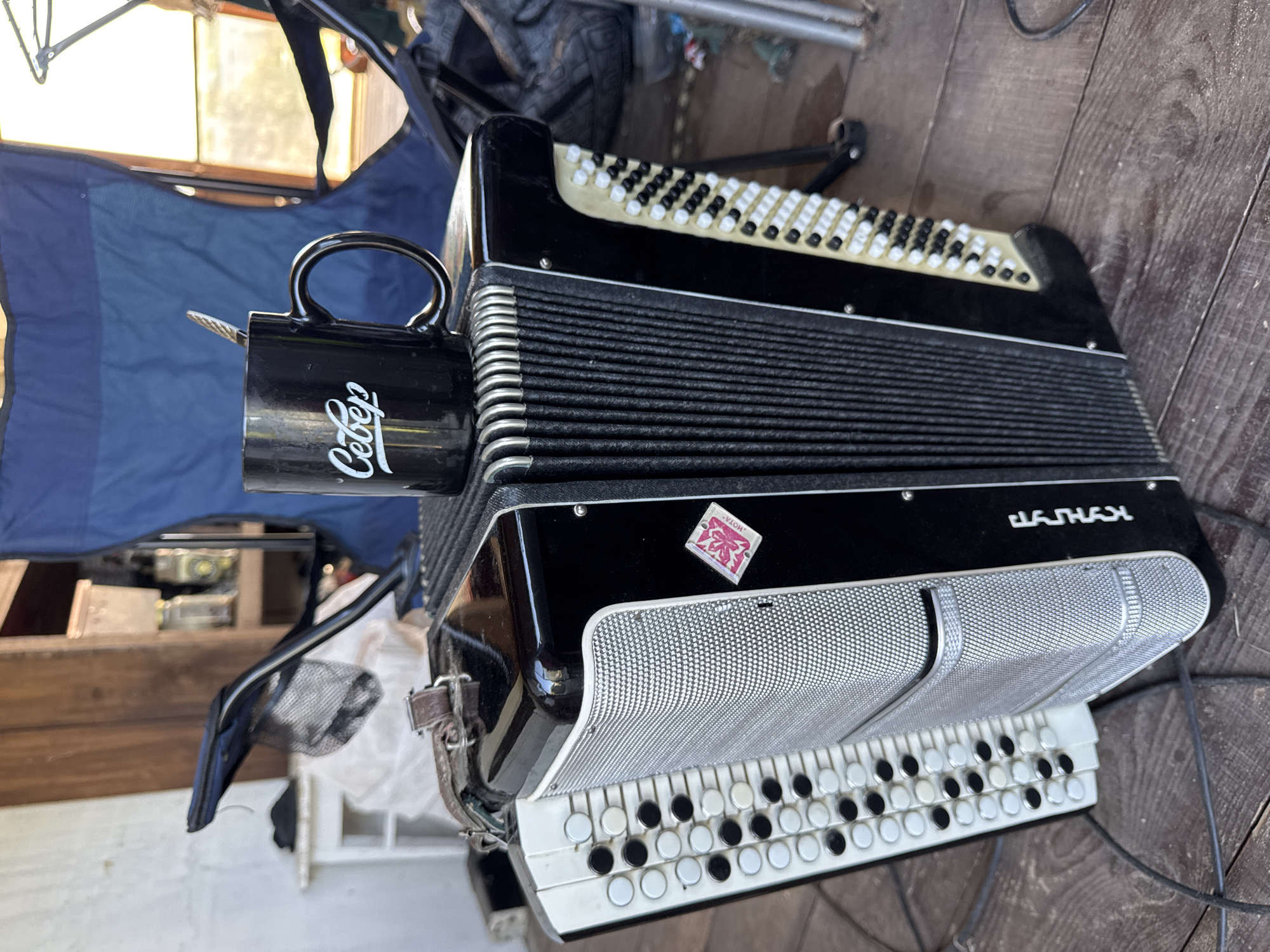 The image shows an accordion with a black mug on top, placed on a wooden surface. The accordion is black and cream-colored, with a metallic grille. The mug is black and has white lettering that reads "Север" (Sever, meaning North). In the background, a blue folding chair is visible, along with some shelves and storage containers, suggesting an outdoor or workshop setting. The lighting suggests it is daytime. The scene is likely located in Chaikovsky, Russia, given the presence of Russian text on the mug.