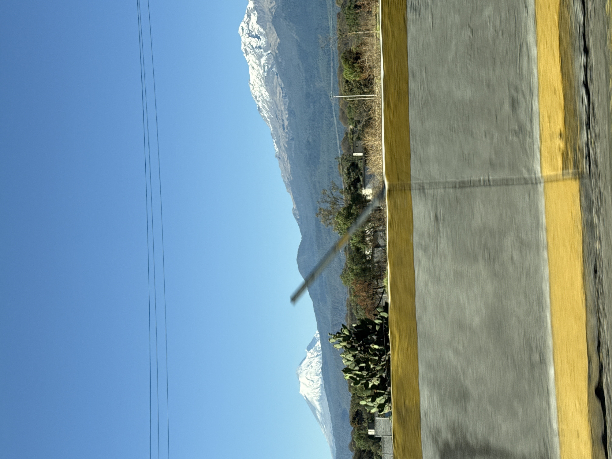 The image displays a panoramic landscape view near San Matías Tlalancaleca, Mexico, captured from a moving perspective. In the immediate foreground, a grey concrete highway barrier with distinct yellow horizontal stripes along its top and bottom edges is visible, exhibiting motion blur. A diagonal, translucent blur artifact crosses the central part of the image from the upper left towards the lower right.
In the midground, beyond the barrier, a dense cluster of green Opuntia cactus plants is present on the left. The terrain behind the barrier features a mix of deciduous trees with dry, brown foliage and evergreen trees, with some indistinct, light-colored structures partially visible among the vegetation on the left. Utility poles and power lines extend across the midground.
The background is dominated by two large snow-capped volcanoes under a clear, bright blue sky. The smaller volcano on the left features a prominent white snow cap. The larger volcano on the right presents a more extensive snow cover across multiple peaks. The lower slopes of both volcanoes are heavily forested with dark green vegetation. No individuals or explicit human activities are discernible in the scene.