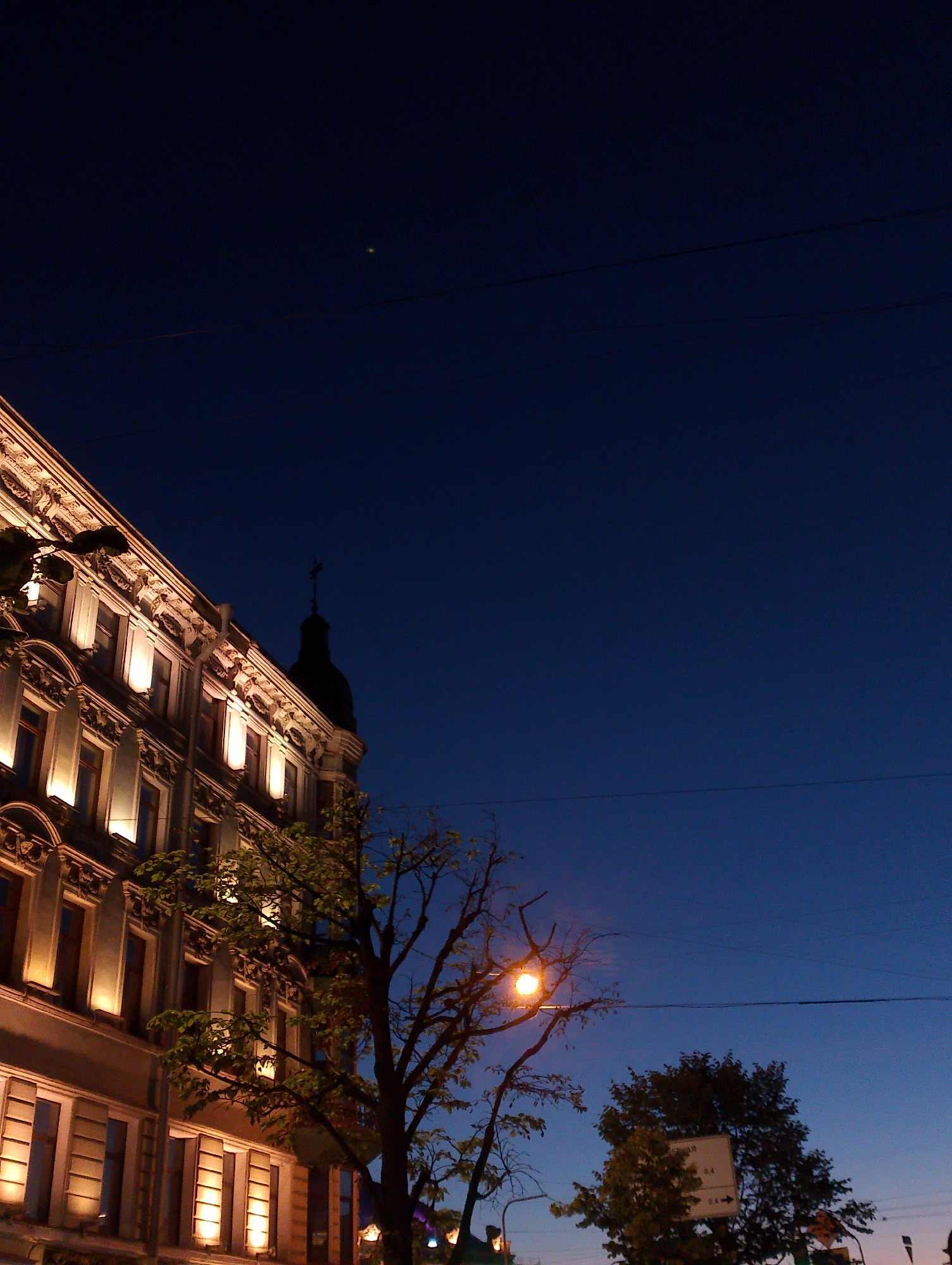 In the twilight sky of Saint Petersburg, Russia, an ornate building stands illuminated by warm interior lights. The architecture suggests a historic district, with detailed cornices and arched window frames visible on the upper floors. A dark dome with a cross tops one section of the building. In front of the building, a mature tree with sparse green leaves branches out, partially obscuring the facade. Beyond this, another tree with a more dense canopy grows, and a street sign is visible, indicating the urban setting. A streetlamp casts a bright orange glow to the left of the frame, highlighting the tree branches. The overall scene depicts a quiet urban evening, with the artificial lights of the building and streetlamp contrasting with the darkening blue of the sky, where a faint star or planet is visible. Several thin wires are stretched across the sky, suggesting the presence of overhead utility lines.