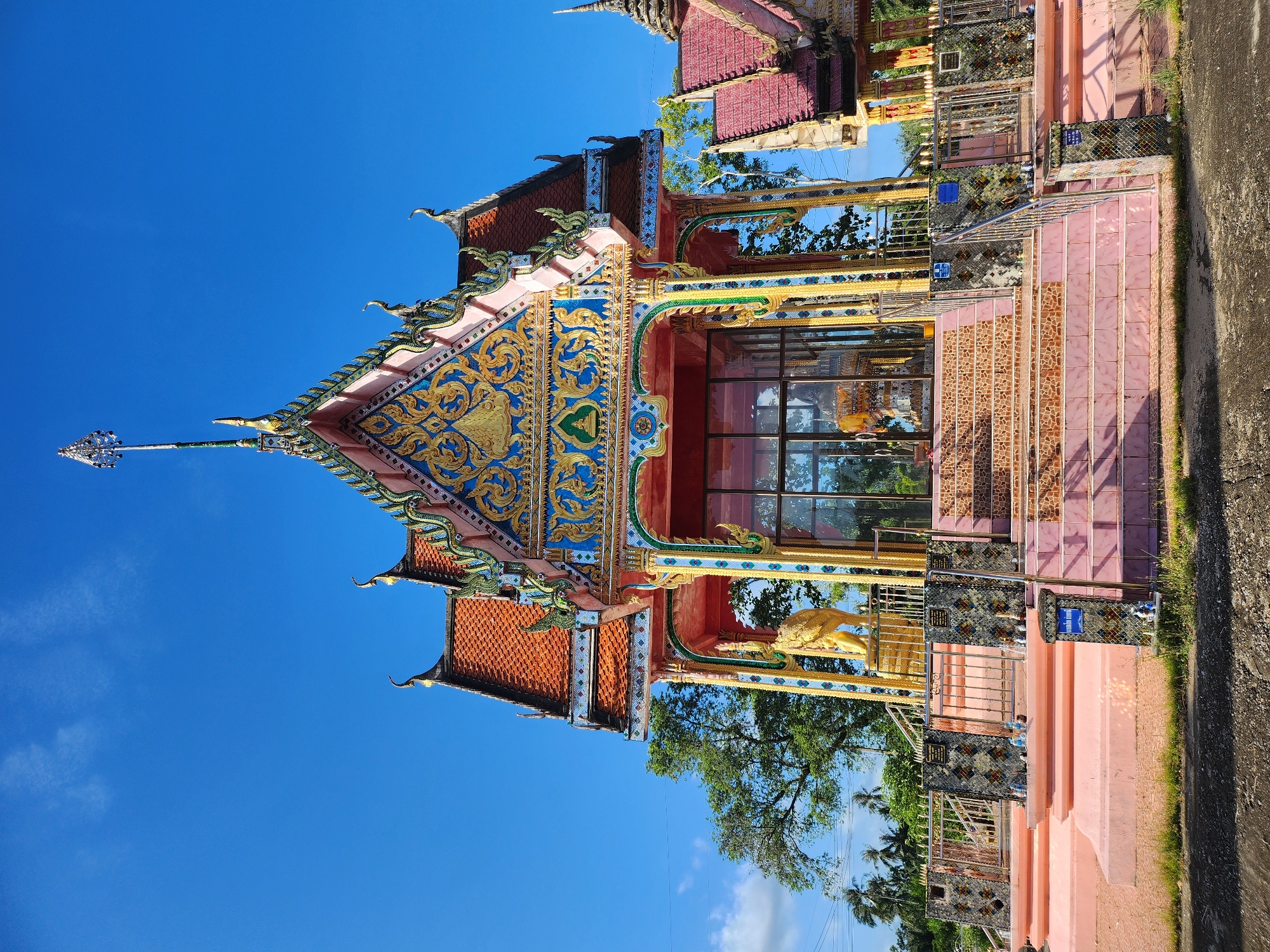A Buddhist temple structure with a pink base and ornate gold and blue decorations on its roof is pictured under a clear blue sky in Sikao, Thailand. The temple has a tiered roof with orange tiles and is adorned with intricate patterns and what appear to be mythological figures. A golden statue of a mythical creature, possibly a lion or a mythical bird, stands to the left of the temple entrance. The entrance itself is enclosed by glass and contains religious artifacts, including a statue of Buddha. A staircase with pink and patterned tiles leads up to the temple. A metal fence surrounds the lower level of the temple. In the background, lush green trees and vegetation are visible, along with other temple structures with similar tiled roofs. The foreground shows a dark asphalt surface, likely a road or pathway, with some patches of dry grass. The overall scene depicts a religious site on a bright, sunny day.