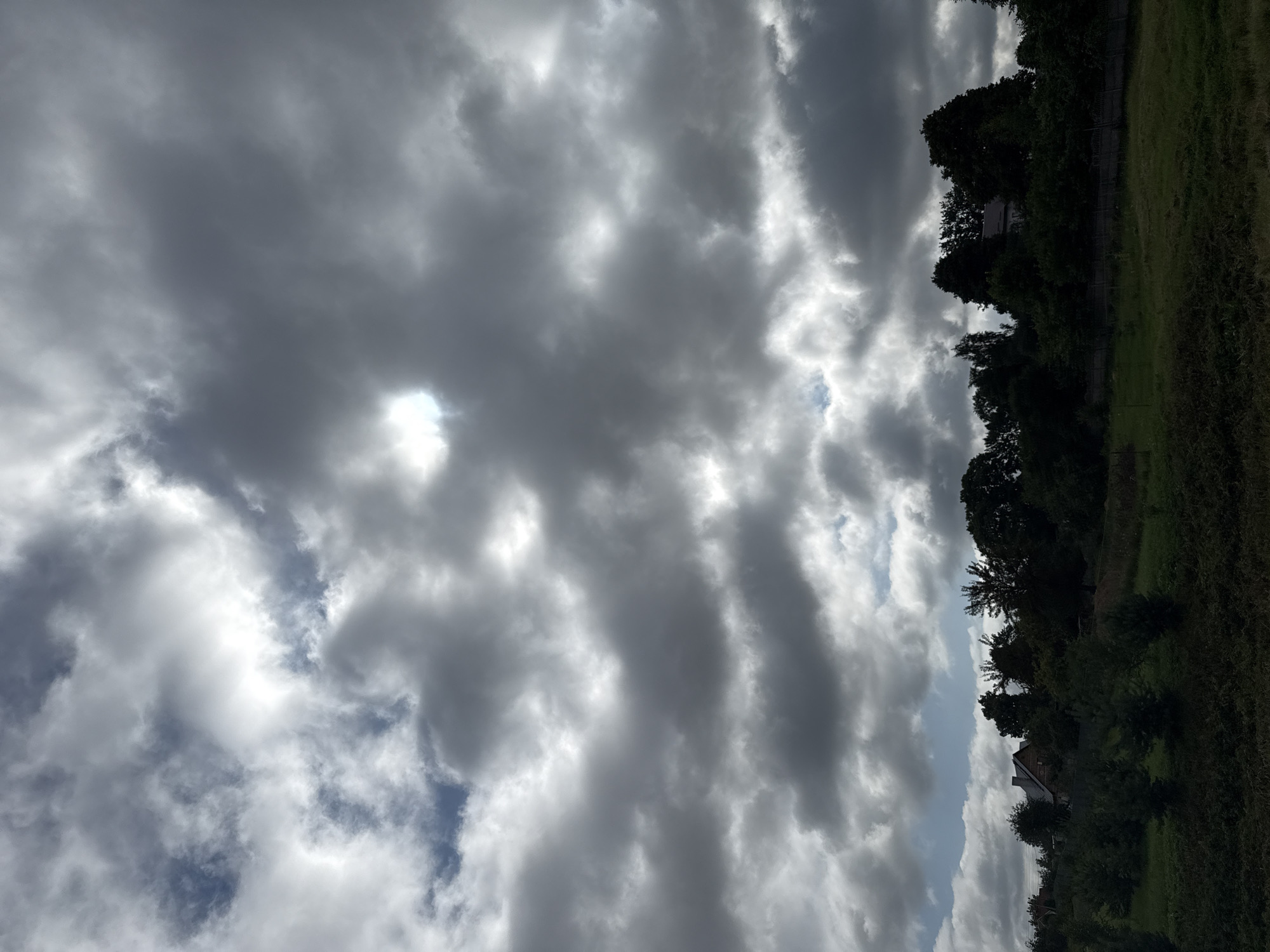 A wide shot captures a rural landscape in Навадворскі сельскі Савет, Belarus, under a dramatic, cloud-filled sky. The clouds are a mix of dark, heavy storm clouds and brighter, more diffused patches, with a sliver of blue sky visible in the upper left corner. A bright spot of sunlight pierces through a gap in the clouds towards the top center of the frame, casting a radiant glow.
In the middle ground, a collection of trees forms a dense, dark line against the sky. Nestled within the trees, on the left side of the frame, is a traditional house with a steeply pitched roof, appearing to be made of wood or brick. Further to the right, another house is partially visible, also surrounded by dense foliage. A rustic wooden fence runs along the edge of the property, separating the tree line from a grassy field.
The foreground consists of a gently sloping grassy field, transitioning into a darker, more densely vegetated area at the very bottom of the image. The overall scene suggests a tranquil, rural setting with a hint of impending weather change. No people are visible in the image.