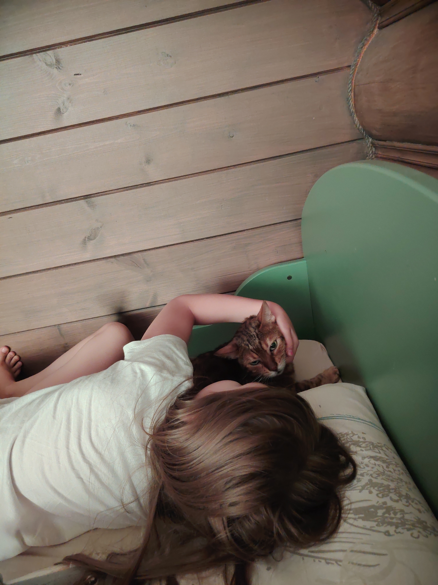 A young child with long brown hair lies on a pillow, their arm extended to pet a ginger and brown tabby cat. The child is wearing a white t-shirt and their legs are visible. The cat is lying next to the child. They are on a bed with a patterned pillowcase, in a room with wooden walls and a green headboard. The scene appears to be indoors, likely a bedroom or a cozy nook, with natural light illuminating the subjects. No specific details in the image allow for identification of the location within Syktyvkar, Russia.