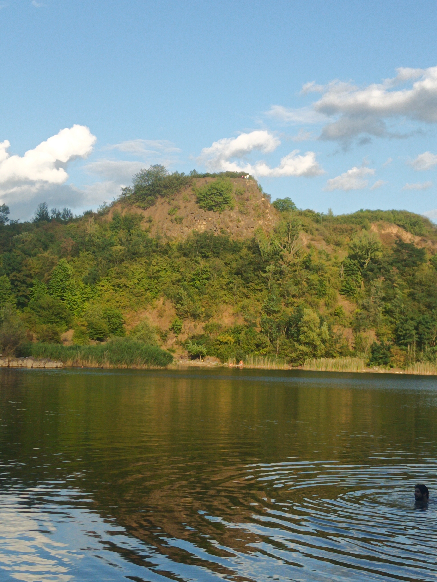 The image depicts a picturesque natural scene at a lake with a wooded hill in the background, likely in Uzhhorod, Ukraine. The sky is a clear blue with scattered white clouds, and the sun is shining. The hill is covered with lush green trees and shrubs, and in the foreground, the calm lake reflects the sky and the surrounding vegetation. A person is swimming in the lake, with only their head visible above the water. The overall atmosphere is serene and tranquil, suggesting a peaceful day in nature.