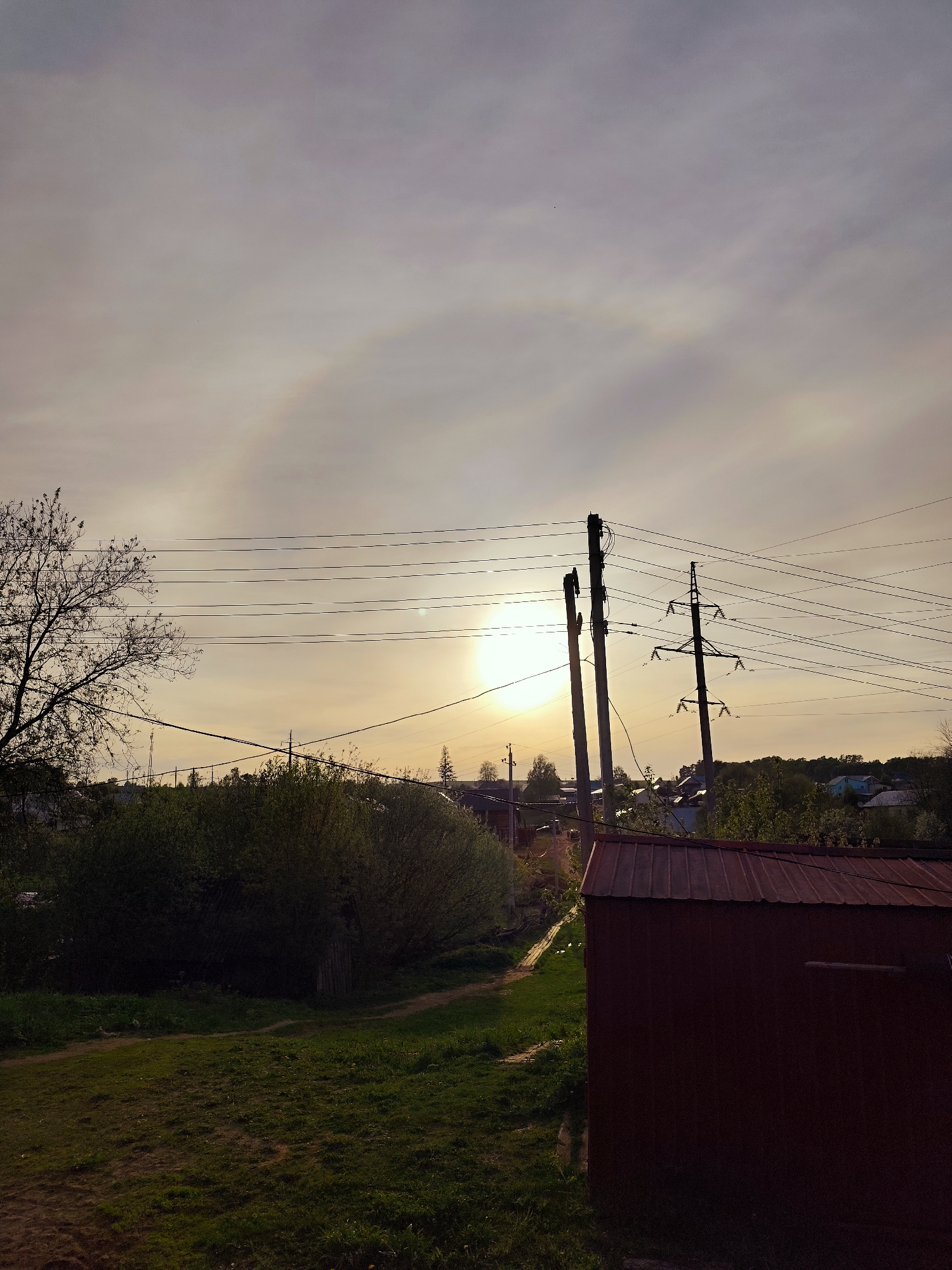 The image depicts an outdoor scene in Фоки, Russia, capturing a view of a rural residential area at sunset or sunrise. The sun is centrally positioned in the frame, partially obscured by utility poles and power lines that crisscross the sky. A faint halo is visible around the sun.
In the foreground, a red metal shed stands to the right, casting a shadow. To the left, a grassy area leads to a dense green bush or tree line. The background reveals a mix of trees, houses, and other structures, typical of a small town or village. The sky is overcast with a yellowish hue near the horizon, indicating the presence of sunlight.