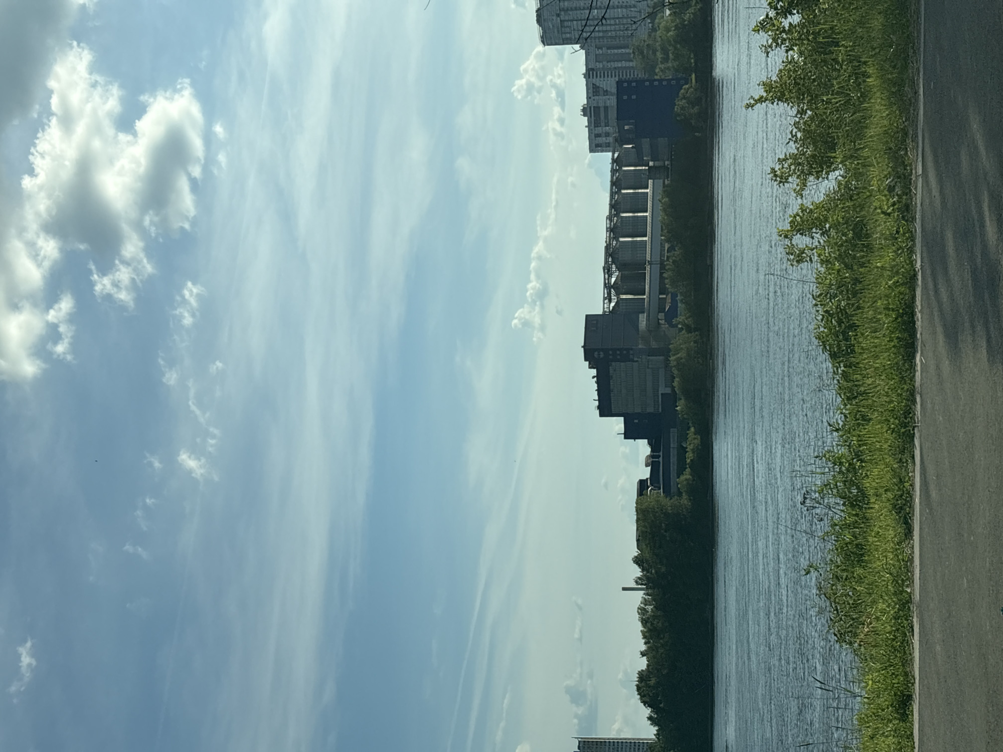 The image depicts an urban-industrial waterfront scene under a bright, partly cloudy sky, characteristic of an area in Krasnaya Zarya, Russia. The sky, occupying the upper two-thirds of the frame, is light blue with scattered white cumulus and wispy cirrus clouds; a faint, linear contrail or cloud streak is visible in the upper center.
In the mid-ground, a wide body of dark blue-grey water, likely a river, extends across the frame, exhibiting subtle ripples on its surface. Beyond the river, the opposite bank features a dense band of green trees. Above the treeline, a substantial industrial complex dominates the central horizon. This complex includes multiple dark-colored buildings and a prominent series of large, reflective silver cylindrical silos, suggesting a grain elevator or similar storage facility. To the left of the complex, a tall, light-colored high-rise building is partially visible, while to the right, several other multi-story residential or commercial buildings are discernible, partially obscured by foliage. A slender industrial chimney is also visible above the trees on the left side of the complex.
The foreground consists of a strip of varied green vegetation, including grass, bushes, and reeds, directly bordering the water on the viewer's side. Below this vegetation, a dark grey asphalt or paved surface, possibly a road or pathway, occupies the bottom portion of the frame, with subtle shadows cast upon it from the right. No individuals or active movements are visible in the scene.