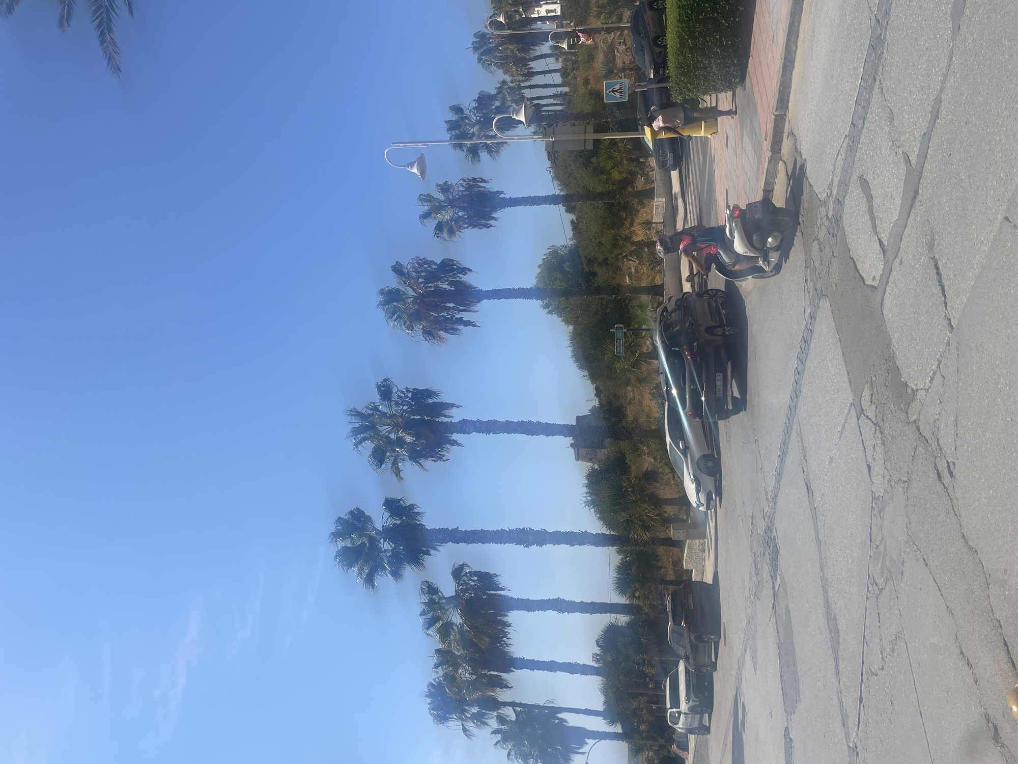 A sunny day in Almuñécar, Spain, is captured with a view of several tall palm trees lining a street. The sky is a clear blue with a few wispy clouds. Several cars are parked and driving on the road, and a person on a scooter is visible. There is a building in the background, possibly a tower, and a pedestrian crossing sign. The road appears worn with cracks and patches. Smoke can be seen rising from behind some of the palm trees, suggesting a distant fire.