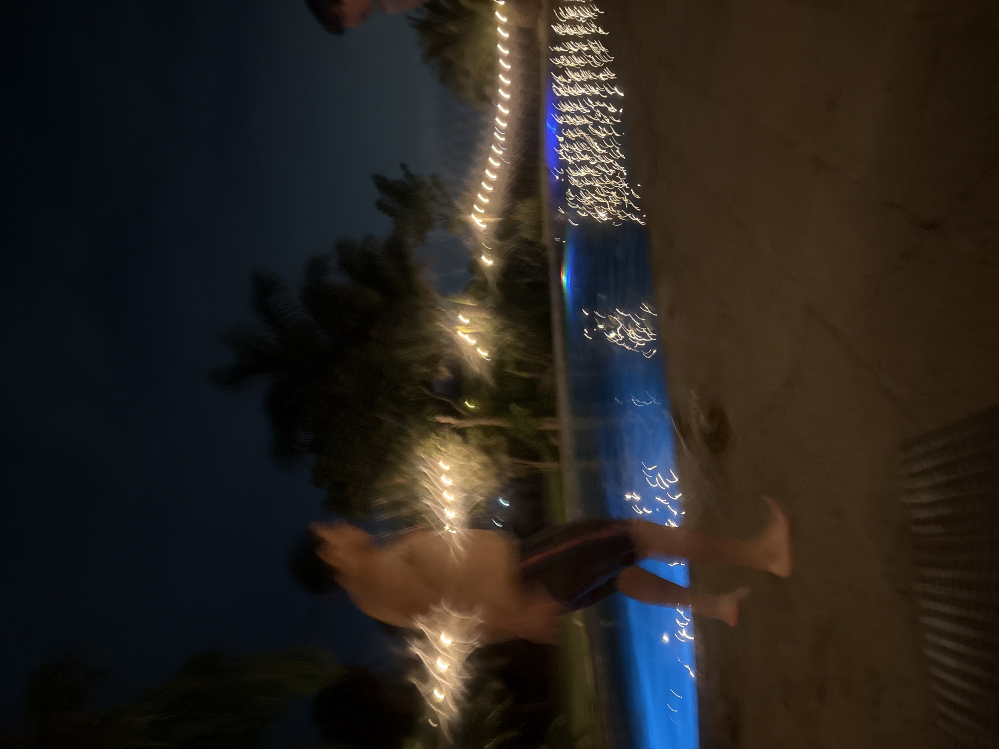The image captures a nighttime scene around a swimming pool, characterized by significant motion blur, suggesting either fast movement or a long exposure. The setting is likely an outdoor area, possibly a resort or private residence, in Santa Ana Yancuitlalpan (Chilhuacán), Mexico.
The primary subject is a person, heavily blurred, appearing to be in mid-air or just entering the water. The person is wearing dark swimming trunks with a lighter stripe and is shirtless. Their body is stretched horizontally across the frame, with limbs extended. Another person's head or shoulder is partially visible at the top edge of the frame.
The scene features a blue-lit swimming pool, which takes up a significant portion of the right side of the image. The water shows wavy reflections of the lights. Along the edge of the pool and extending further back are decorative string lights, emitting warm yellow/white light, which are also blurred into streaks. These lights illuminate the surrounding area and create reflections on the water surface.
Behind the string lights and the pool, dark foliage, likely palm trees, is visible against a dark, nocturnal sky. The trees are also somewhat blurred but their general shape is discernible. To the right of the pool is a concrete or tiled surface. The overall impression is one of dynamic activity and playful movement in a festive, dimly lit environment. No visible text is present in the image.